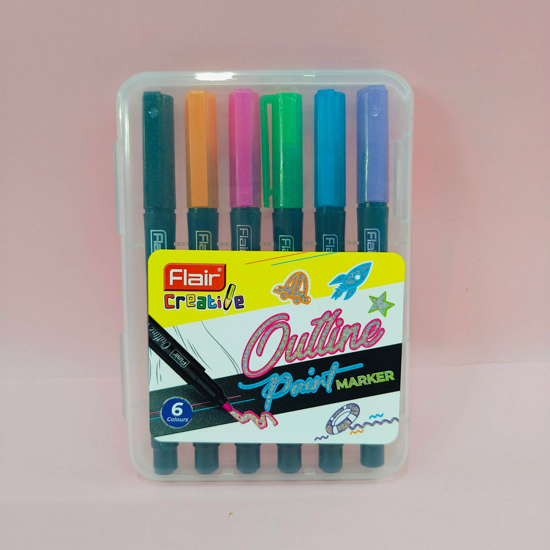 FLAIR Creative Outline Metallic Paint Marker Pens | Double Line Drawing Pens For Scrapbook, Journaling, Painting, Greeting Cards, Glitter Doodle, Rock & Glass Painting, Fabric | 6 Shades - KtoY