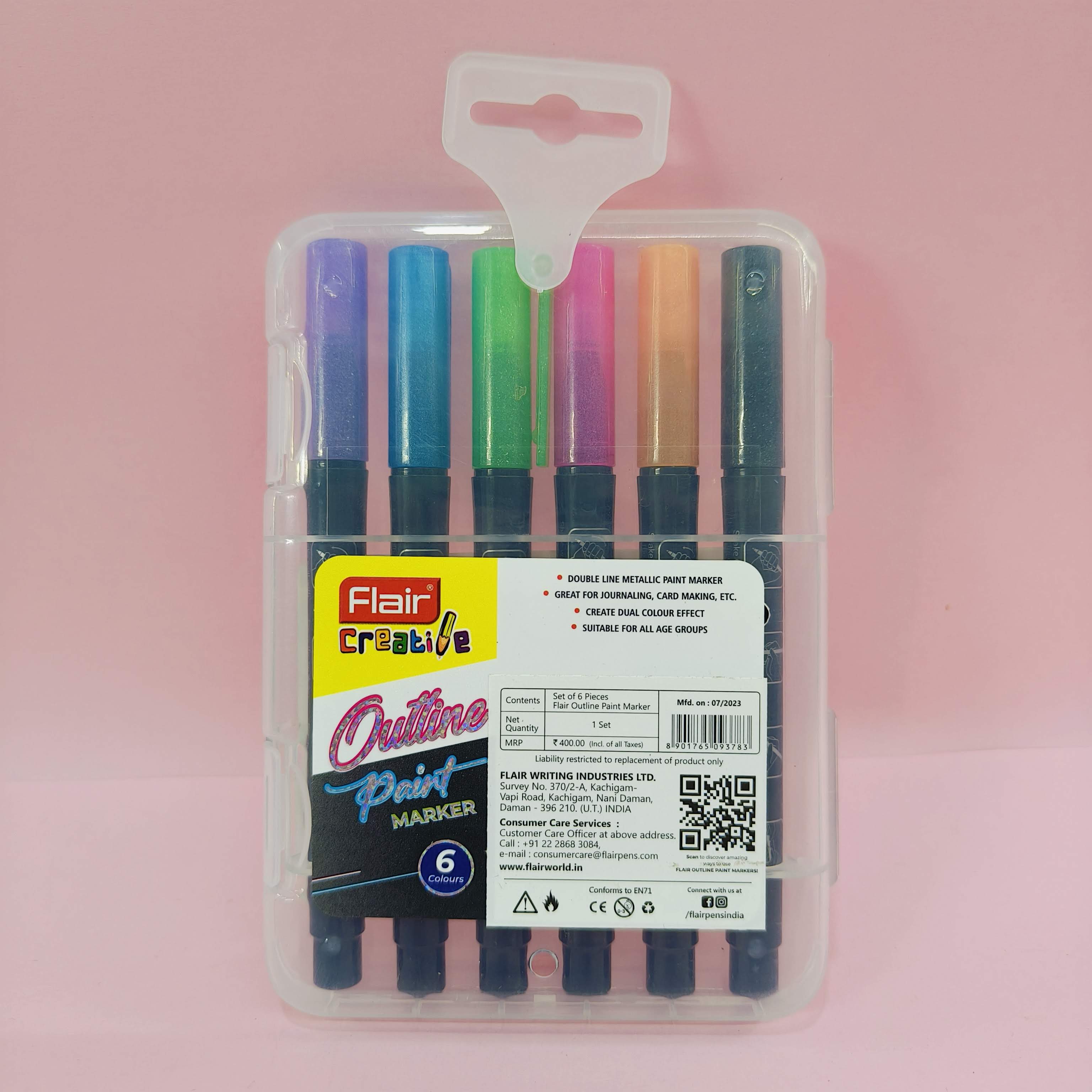 FLAIR Creative Outline Metallic Paint Marker Pens | Double Line Drawing Pens For Scrapbook, Journaling, Painting, Greeting Cards, Glitter Doodle, Rock & Glass Painting, Fabric | 6 Shades - KtoY