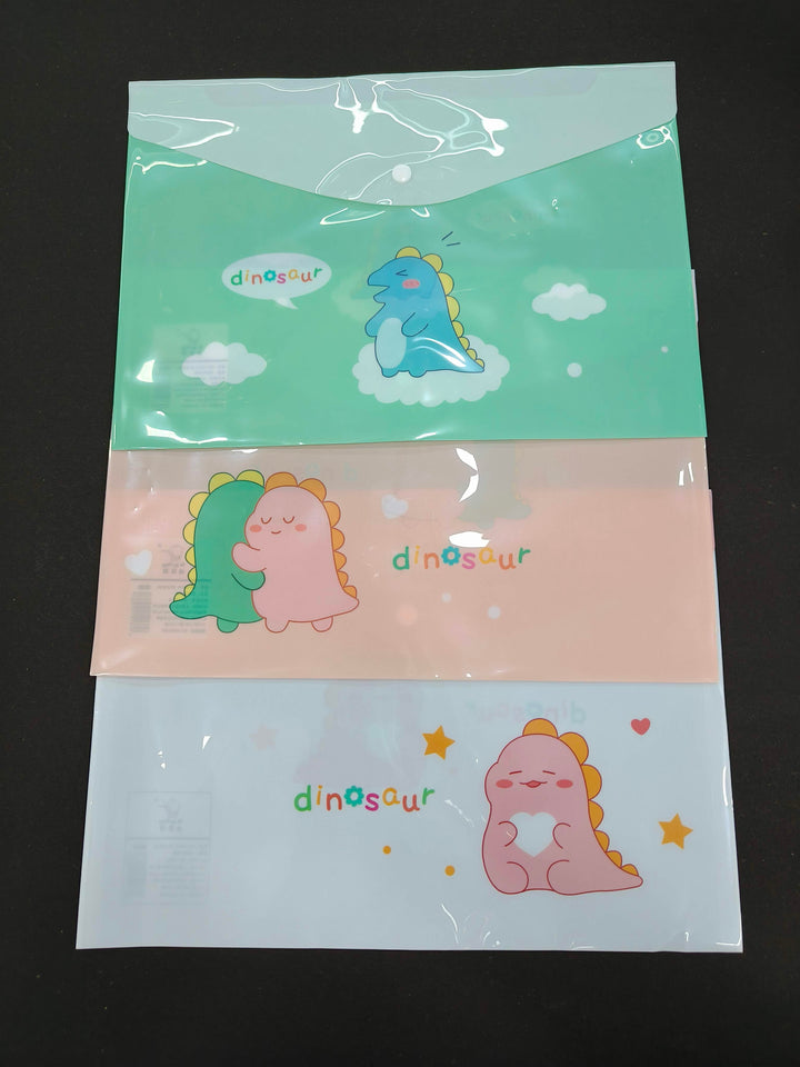 Dino Button Bags | Documents File Storage Bag with Snap Button Closer | A4 File Folder Button Closer File | Document File Folder | Birtday Return Gift | Pack of 3 Folders in assorted colours