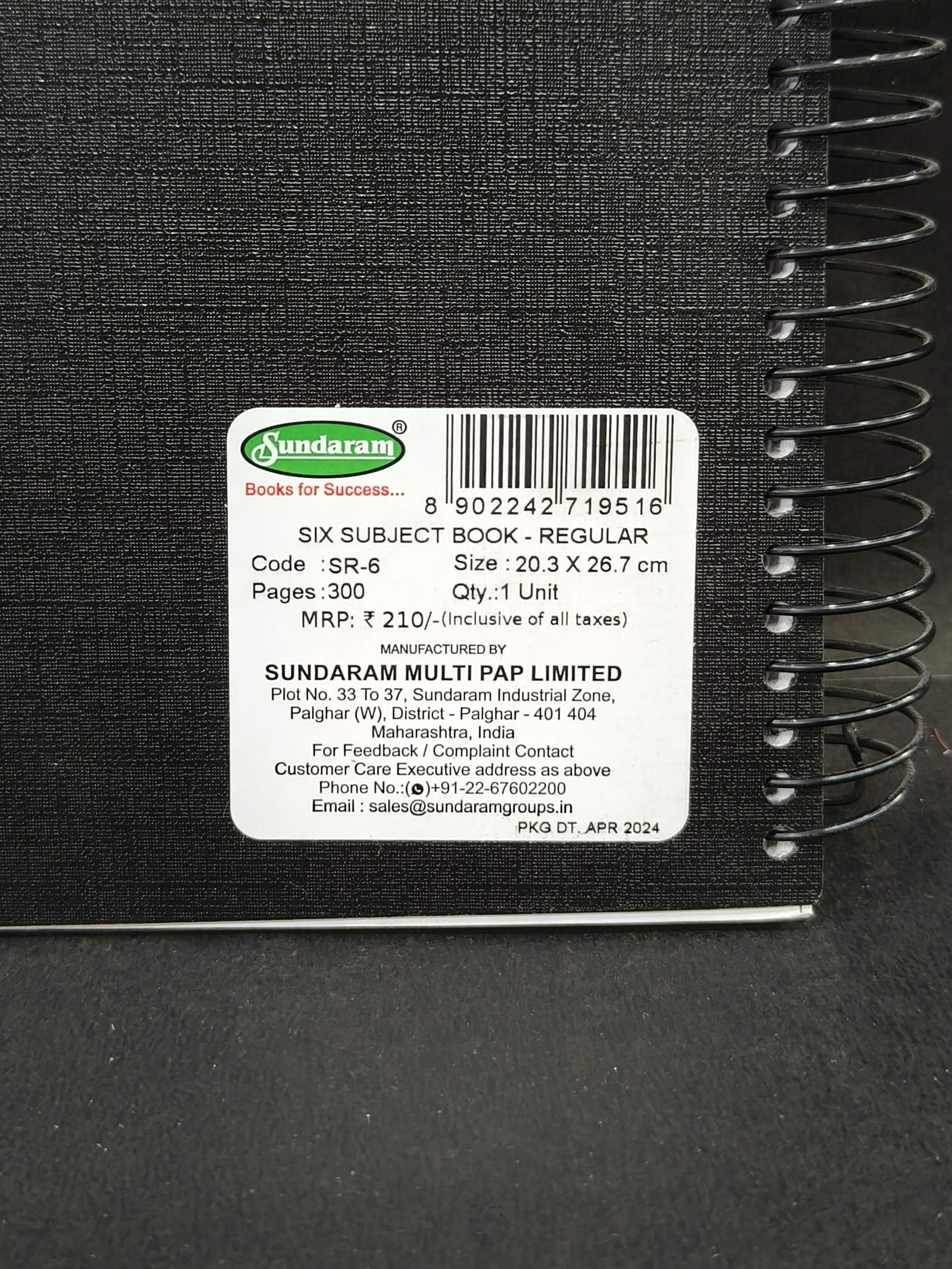 Sundaram | Six Subject Spiral Book | Spiral Bound | 300 Pages | 20.3 x 26.7 cm | Ruled | Pack of 1 | Assorted Designs & Colors - KtoY