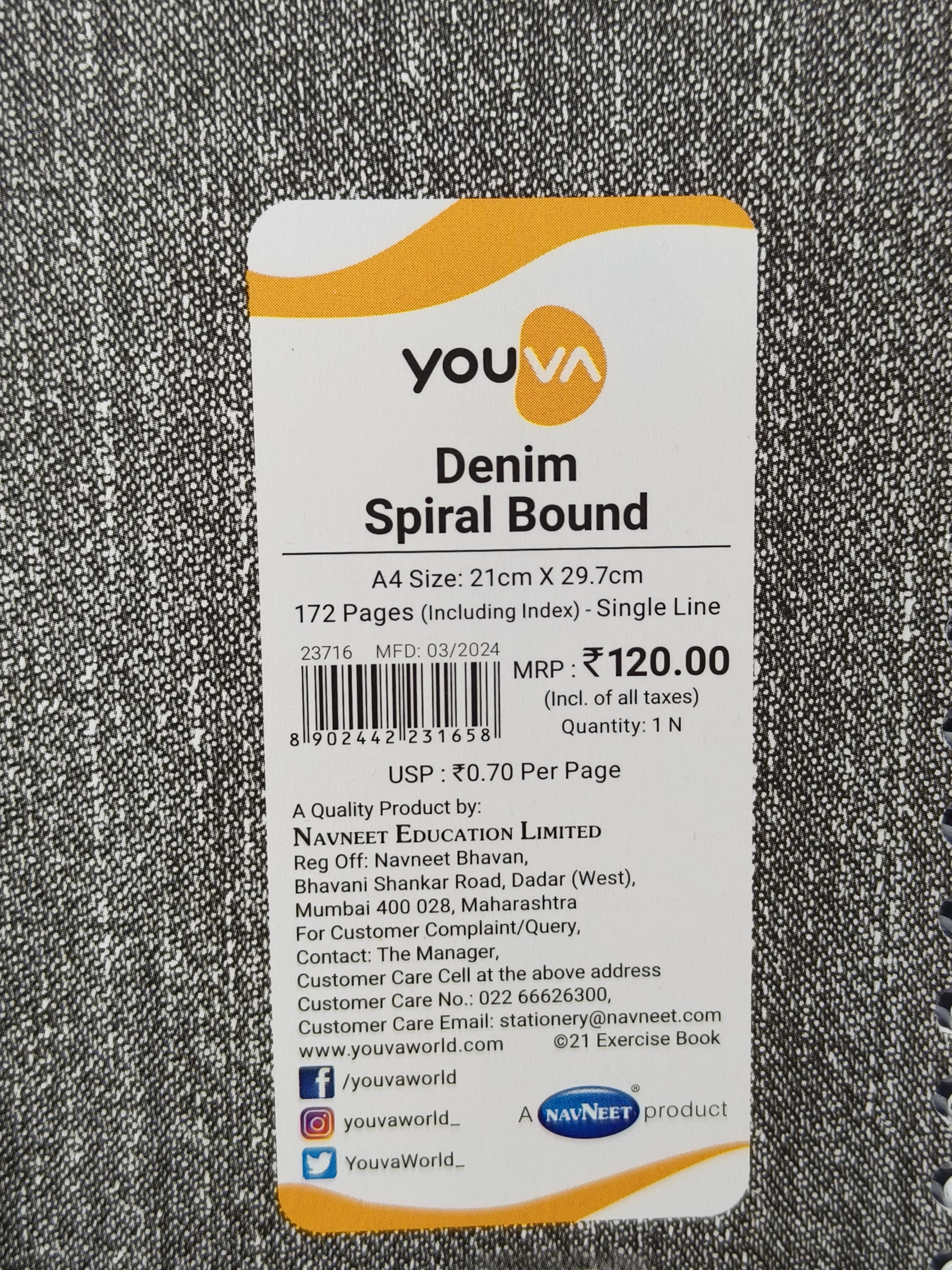 Navneet Youva | Denim Series Spiral Bound | Denim Series Spiral Book | 21x29.7 cm | Single Line | 172 Pages | Pack of 3 | Assorted Designs & Colors - KtoY