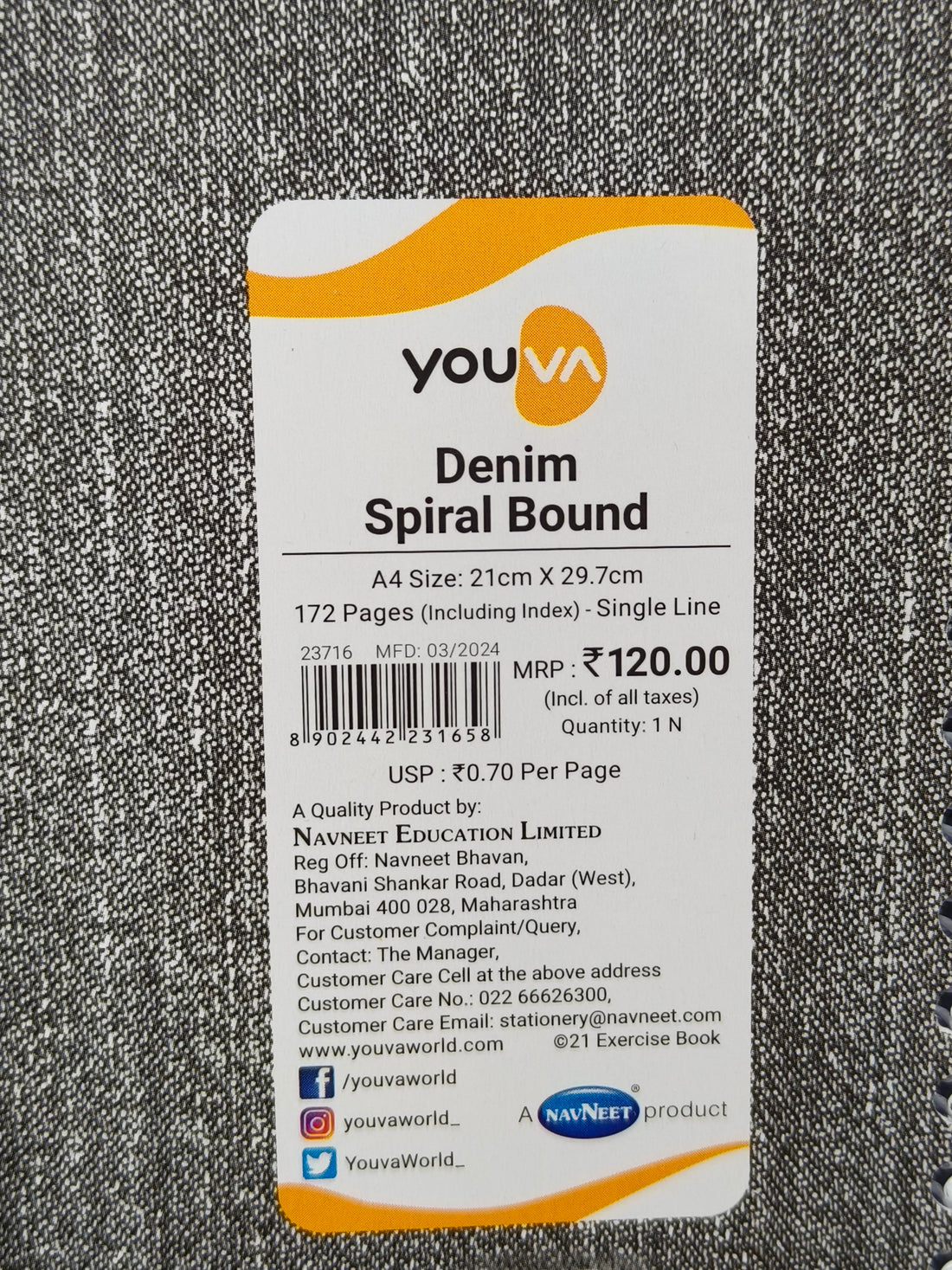 Navneet Youva | Denim Series Spiral Bound | Denim Series Spiral Book | 21x29.7 cm | Single Line | 172 Pages | Pack of 3 | Assorted Designs & Colors - KtoY
