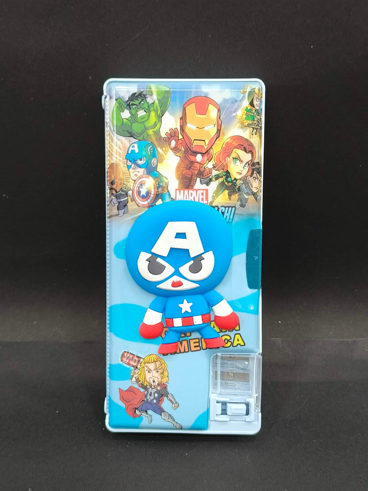 Magnetic Avenger Character Pencil Box with Sharpener & Cabinet Space | Themed Plastic Stationery Case for Kids Boys | Multi-Functional Organizer for School Supplies | Birthday Return Gift