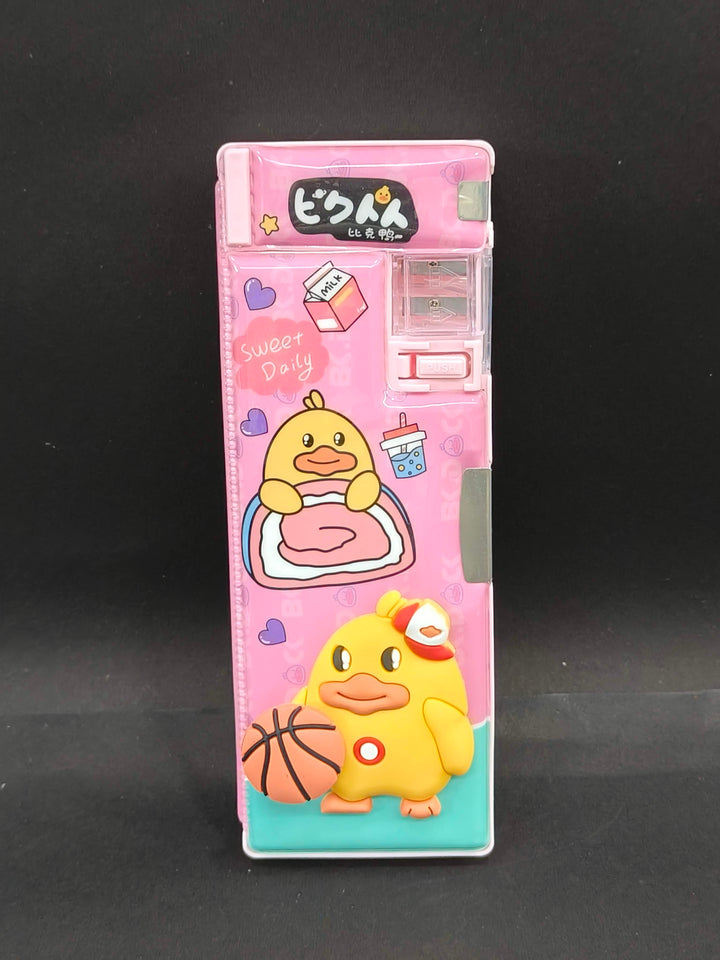 Magnetic Duck Character Pencil Box with Sharpener & Cabinet Space | Themed Plastic Stationery Case for Kids Boys & Girls | Multi-Functional Organizer for School Supplies | Birthday Return Gift