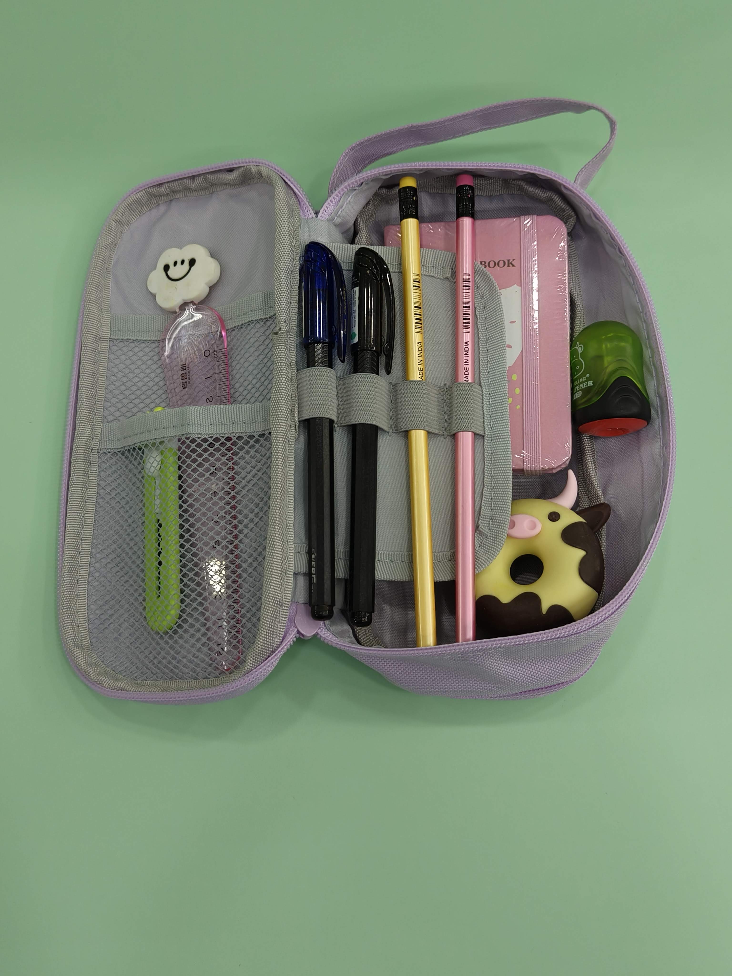 New Kid Happy Time Two Layer Six Slot Canvas Pencil Pouch | Cute Aesthetic Stationery Items Kids Case | Large Stationary Pencil Box for Boys Girls