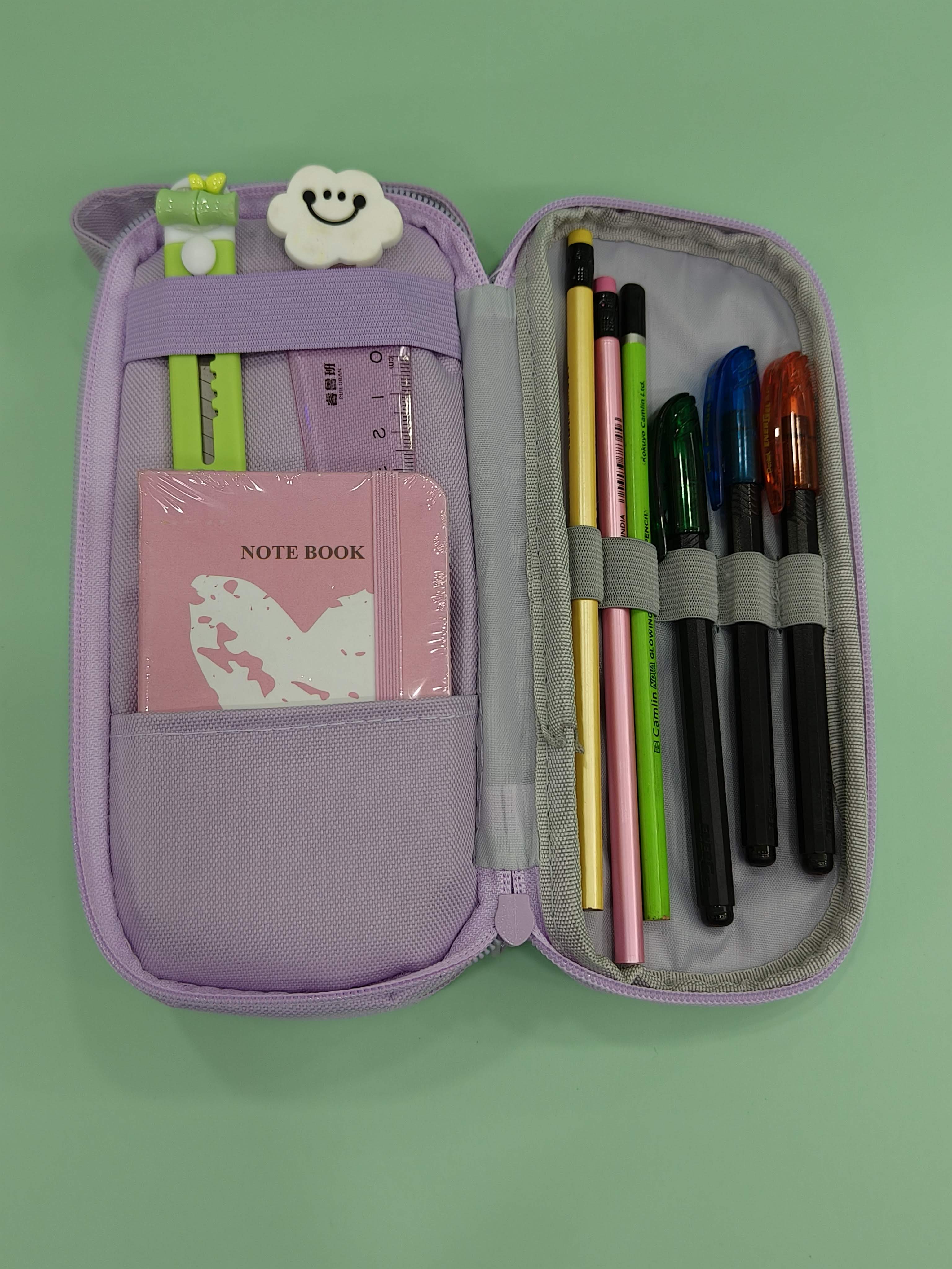 New Kid Happy Time Two Layer Six Slot Canvas Pencil Pouch | Cute Aesthetic Stationery Items Kids Case | Large Stationary Pencil Box for Boys Girls