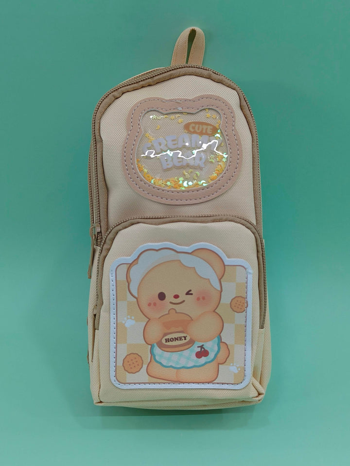 Canvas Premium Pencil Case | Hangable 6 Layer with 3 Compartment | Cute Aesthetic Pencil Case for Kids | Large Capacity Pencil Pouch for Kids | Cute Stationary Gift for Kids (Creamy Bear)