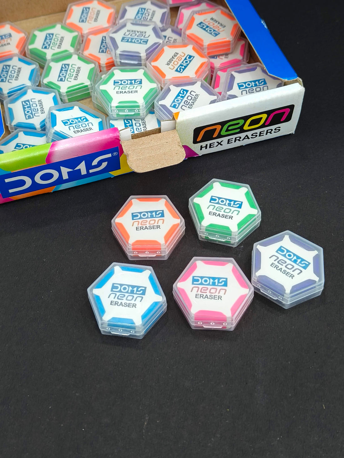Doms Neon Eraser Box Pack | Hexagonal Eye Catching Design | Neat & Dust Free Erasing | Playful Body Colors | Plastic Case for Each Eraser | Pack of 20 Erasers, Multi-Color