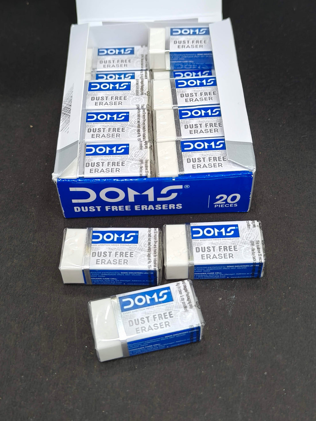 Doms Non-Toxic Dust Free Eraser Box Pack | For Clean & Clear Erasing | Stationery Gift Item For Kids & Students | Pack of 20 Pieces