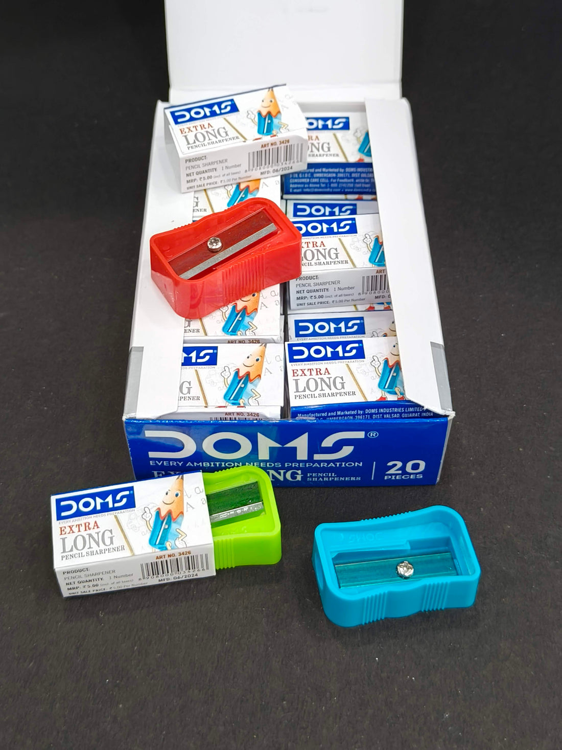 DOMS Non-Toxic Extra Long Multicoloured Pencil Sharpener | Box Pack 20 Pieces | Smooth & Breakless Sharpening | Pack of 20