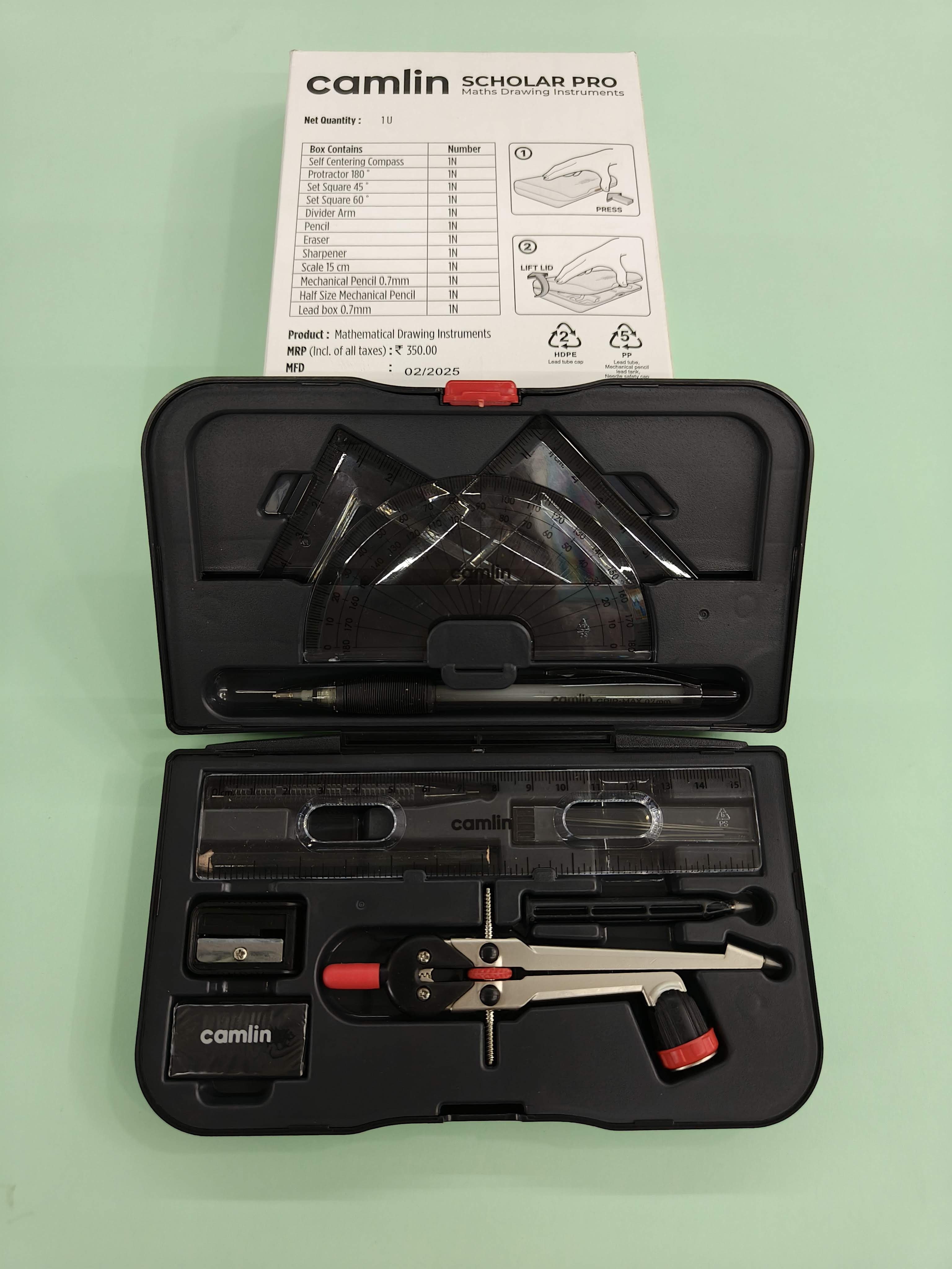 Camlin Scholar Pro Geometry Box - 12-Piece Set | Premium Geometry Box Kit for School kids | Ideal for Learning and Precision | Pack of 1