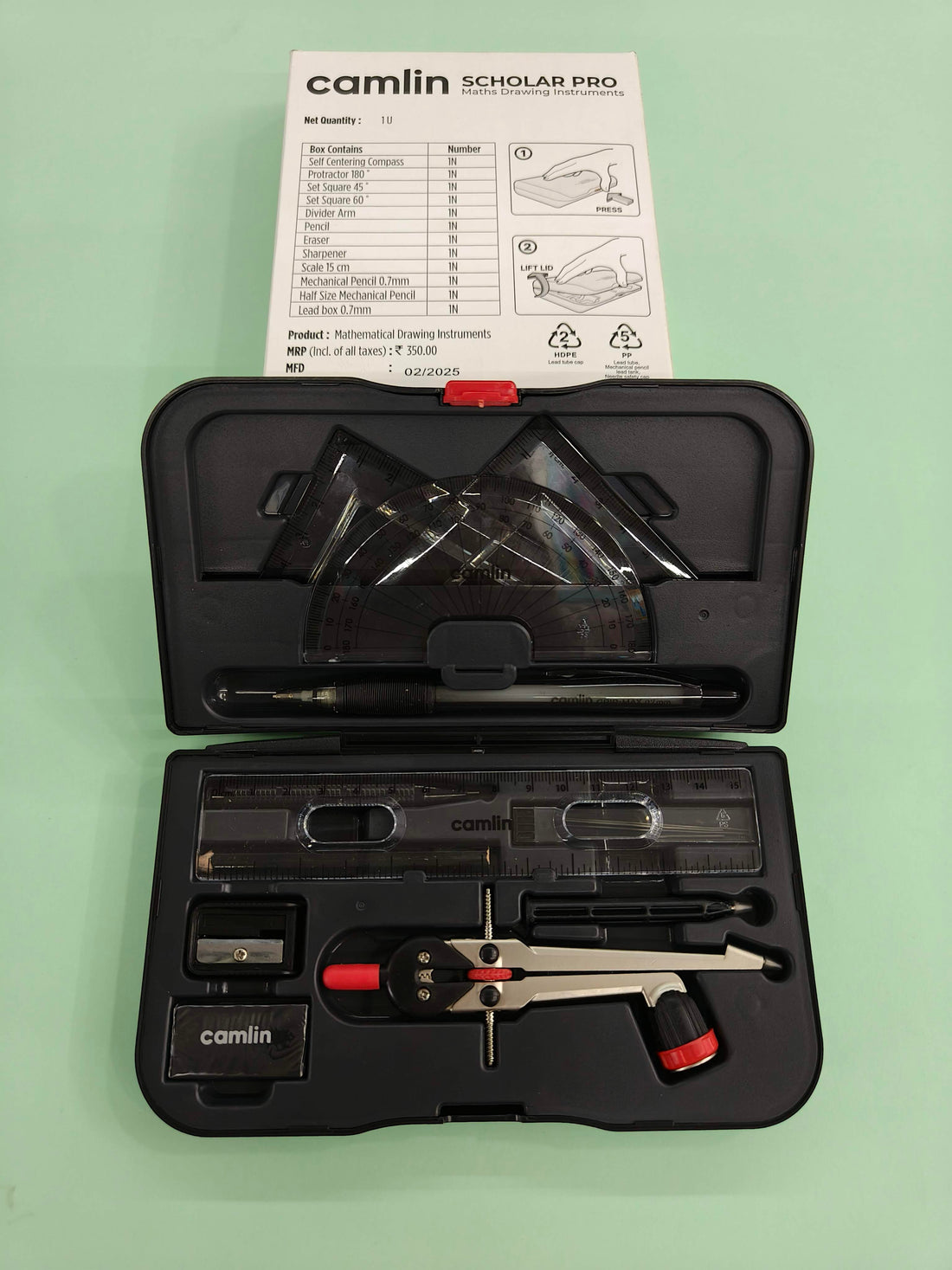 Camlin Scholar Pro Geometry Box - 12-Piece Set | Premium Geometry Box Kit for School kids | Ideal for Learning and Precision | Pack of 1