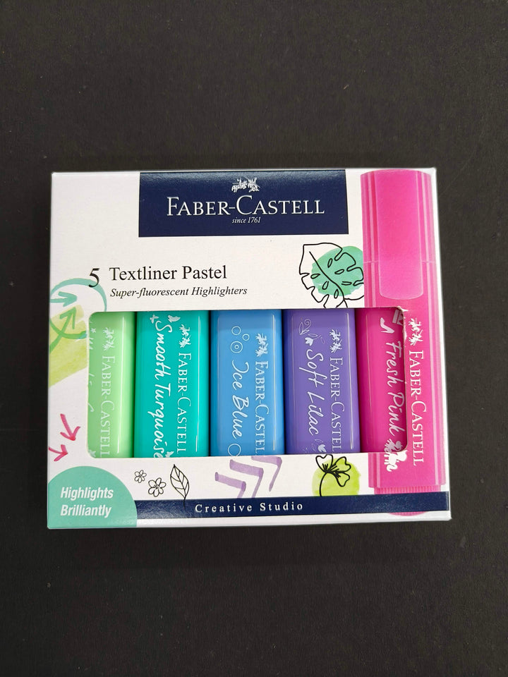 Faber-Castell Pastel Textliner Pen Set – Pack of 5 Assorted Colours | Highlighter Markers for Study, Journaling & Doodling | Stationery Essential for Students