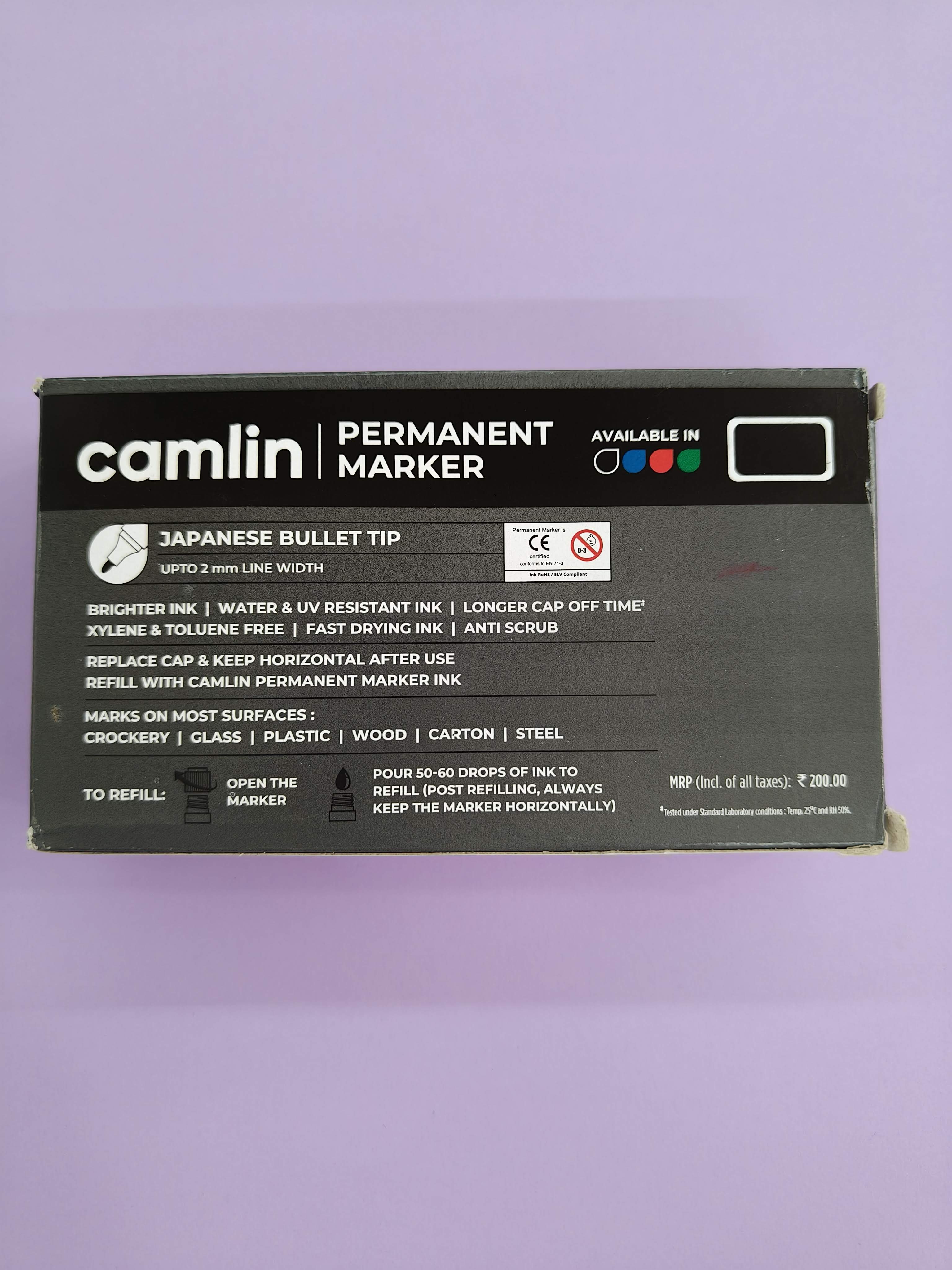 Camlin Permanent Marker – Pack of 10 | Fine Tip, Waterproof Ink, Quick-Dry | Ideal for Office, School & Industrial Use