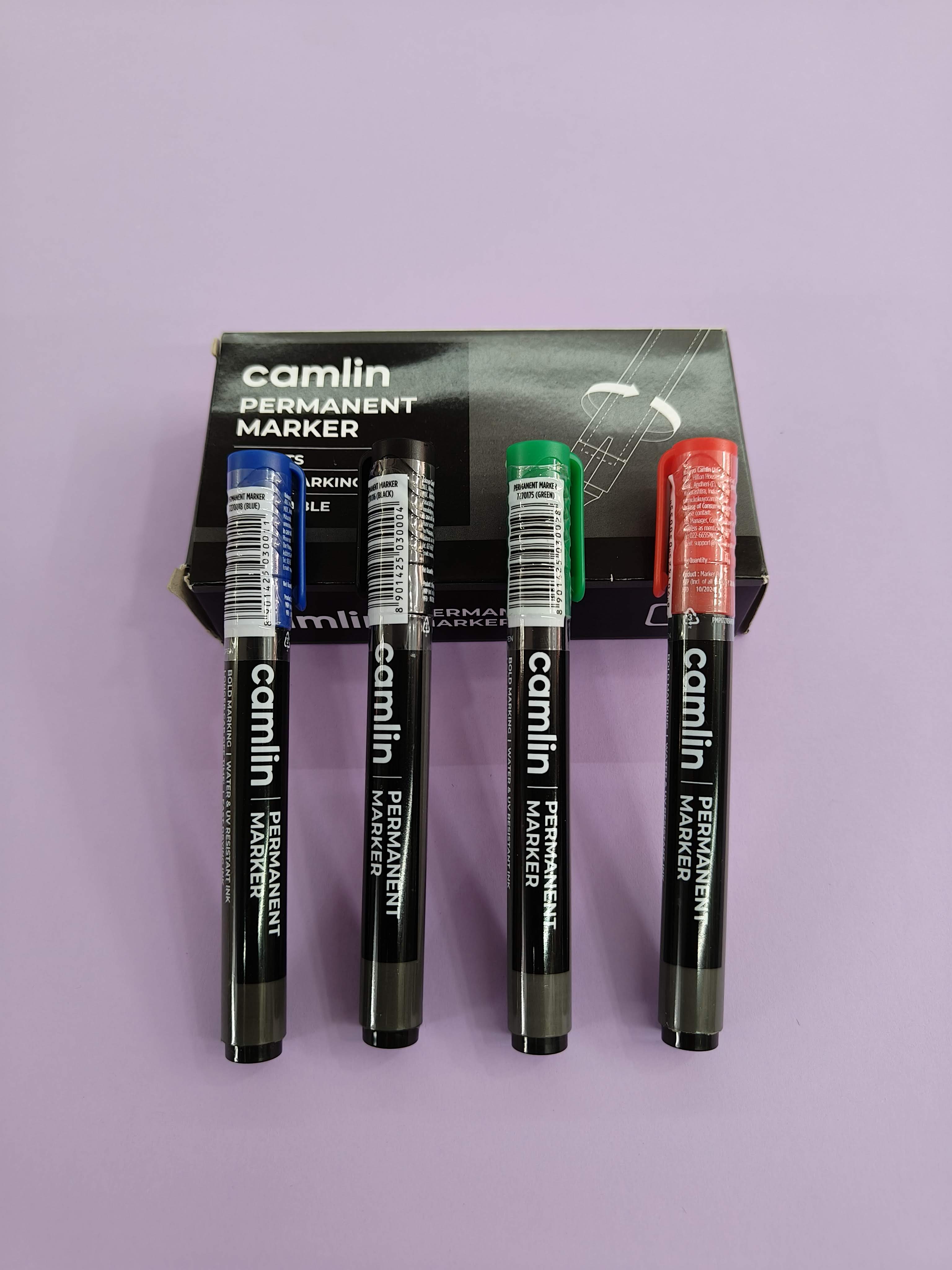 Camlin Permanent Marker – Pack of 4 | Fine Tip, Waterproof Ink, Quick-Dry | Ideal for Office, School & Industrial Use | (Pack of 4 Markers - Blue, Black, Red and Green One each)