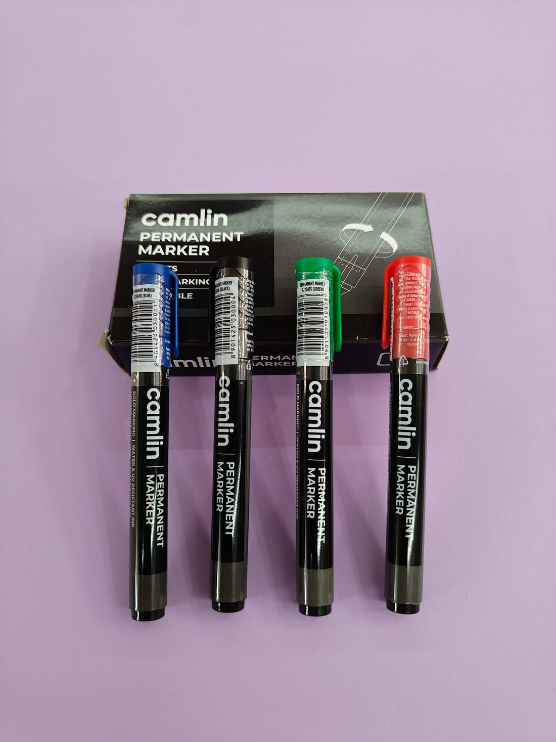 Camlin Permanent Marker – Pack of 4 | Fine Tip, Waterproof Ink, Quick-Dry | Ideal for Office, School & Industrial Use | (Pack of 4 Markers - Blue, Black, Red and Green One each)