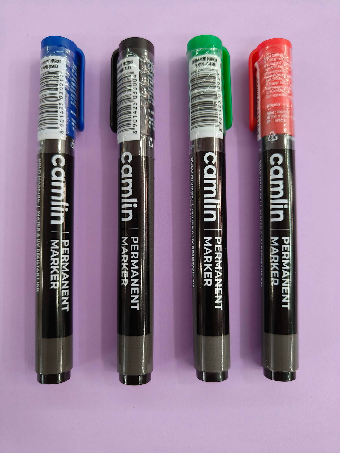 Camlin Permanent Marker – Pack of 4 | Fine Tip, Waterproof Ink, Quick-Dry | Ideal for Office, School & Industrial Use | (Pack of 4 Markers - Blue, Black, Red and Green One each)
