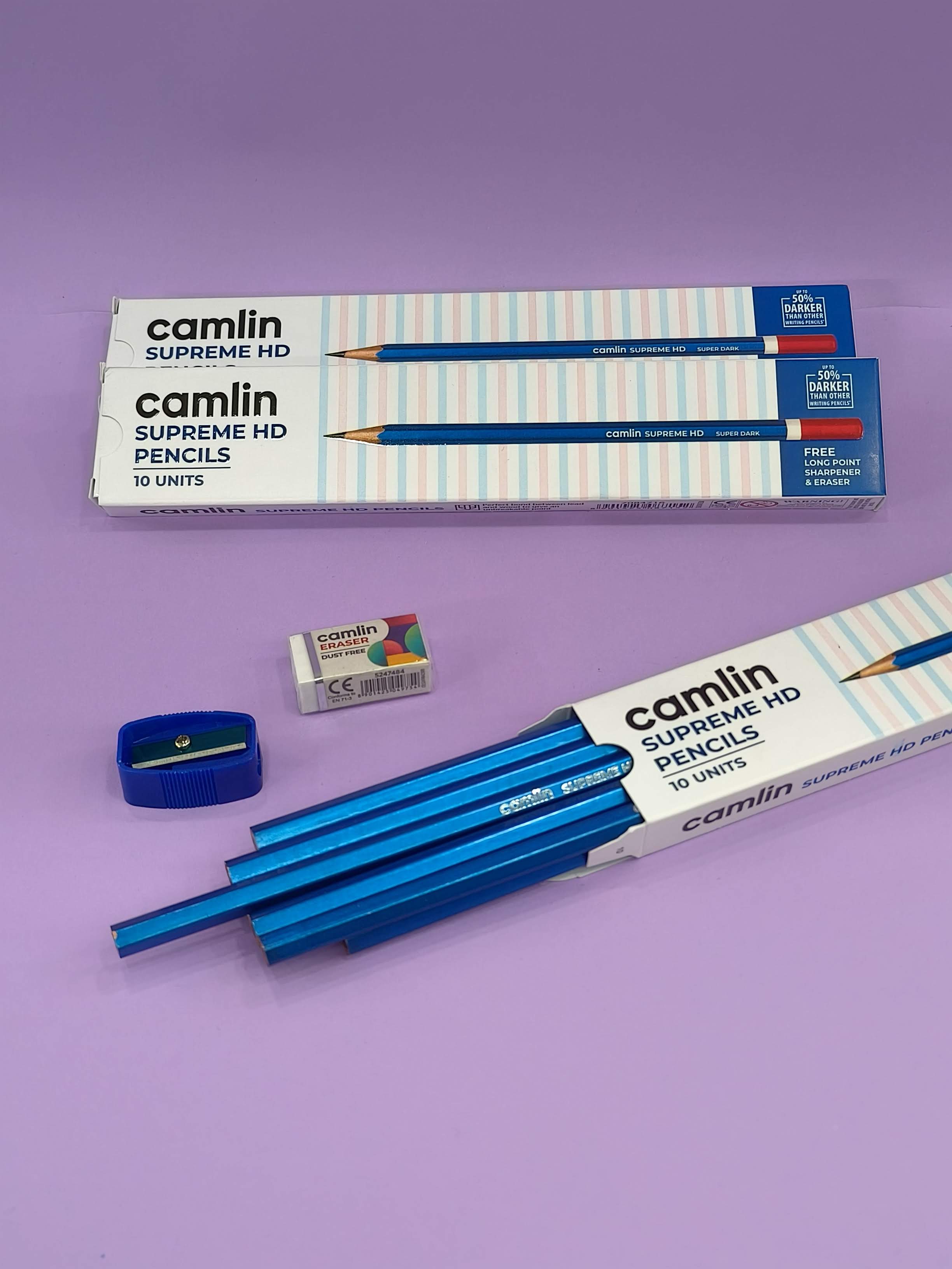 Camlin Supreme HD Pencils | Super Dark Pencil Box of 10 Pencils with Eraser and Long Point Sharpener for School & Office (Pack of 3)