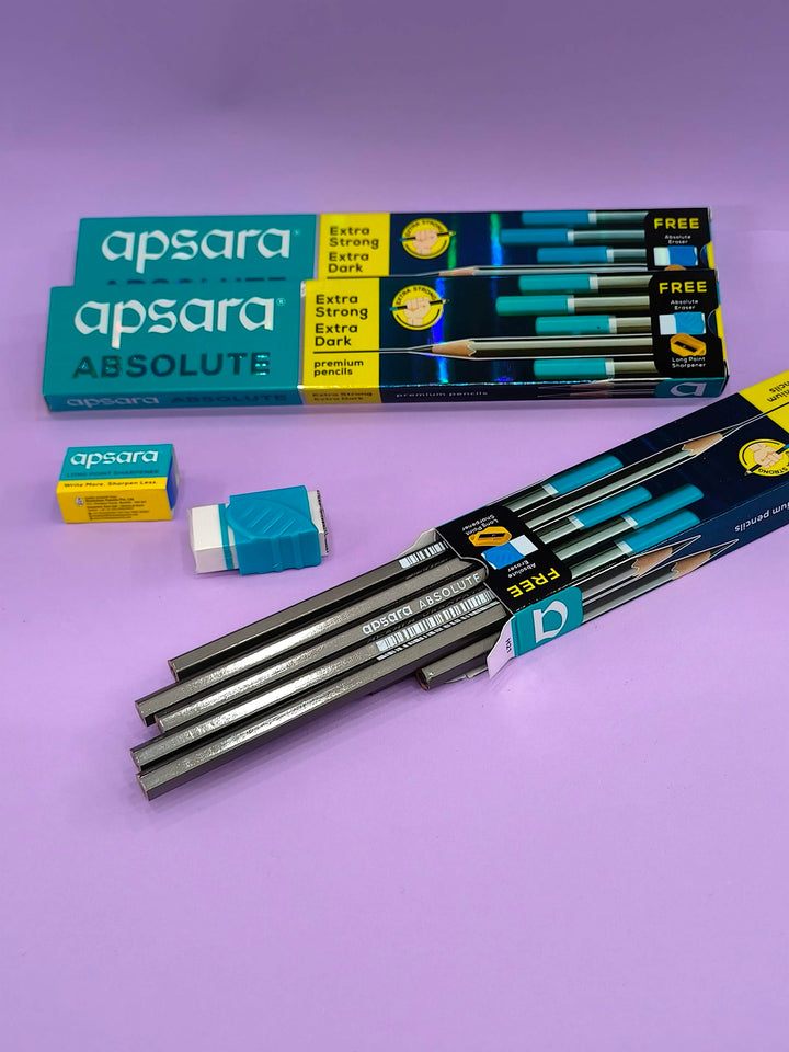 Apsara Absolute Pencil | Hexagonal Body for Strong Grip | Extra Strong & Easy Sharpening | Good Handwriting | with Sharpener & Eraser (Pack of 3)