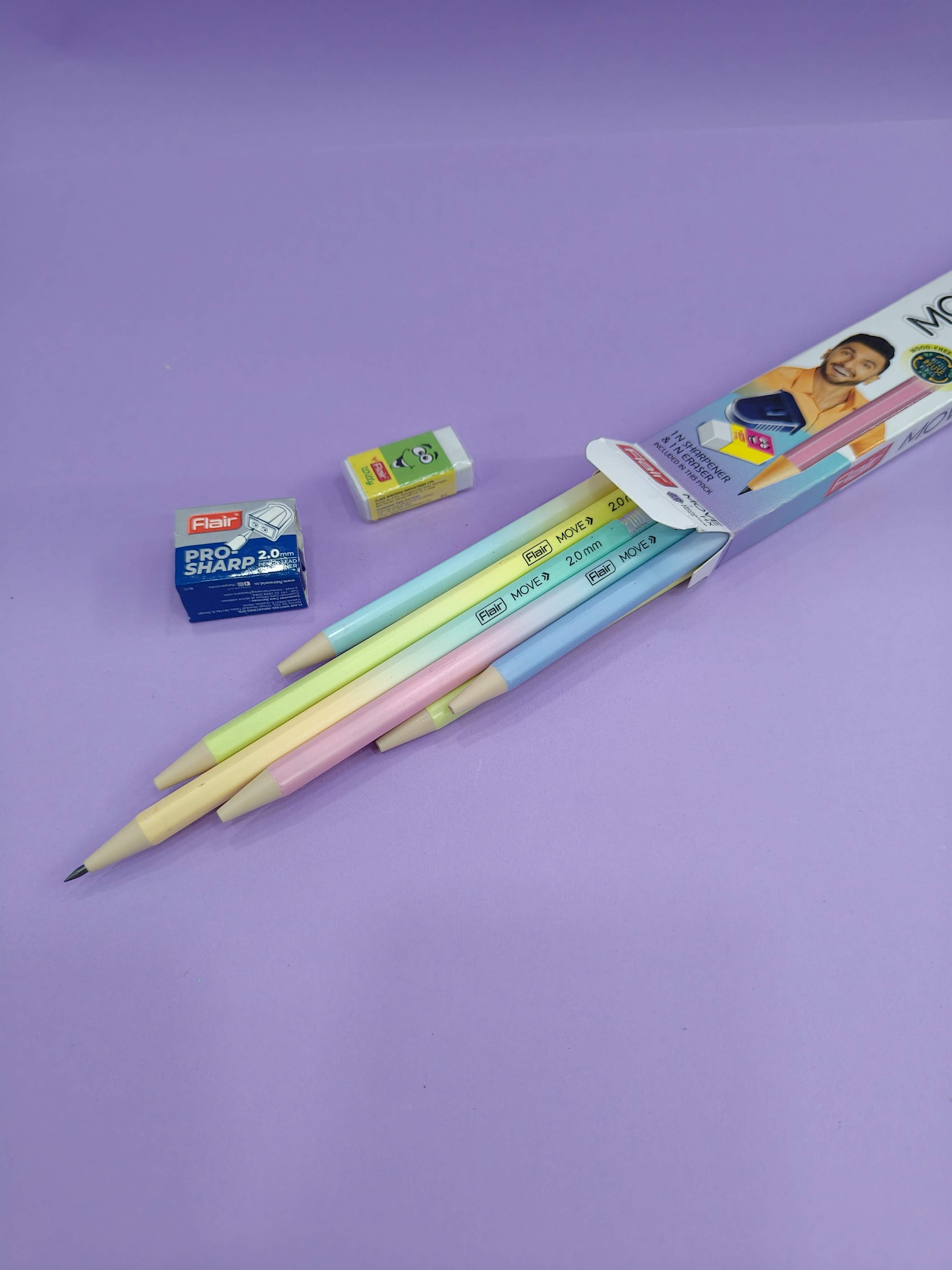 FLAIR MOVE HX 2.0mm Mechanical Pencil | Strong Extra Dark 2B Lead, Multicolor Body| Refillable, Easy To Sharpen, Wood Free| Includes 10 Pencils, Pro-Sharp Sharpener & Eraser