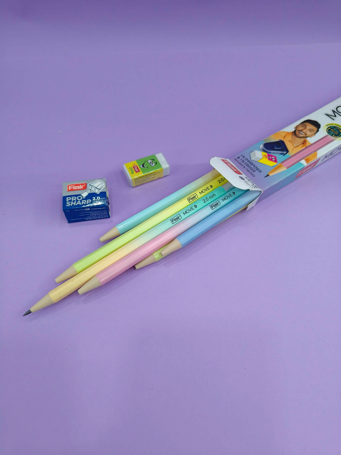 FLAIR MOVE HX 2.0mm Mechanical Pencil | Strong Extra Dark 2B Lead, Multicolor Body| Refillable, Easy To Sharpen, Wood Free| Includes 10 Pencils, Pro-Sharp Sharpener & Eraser