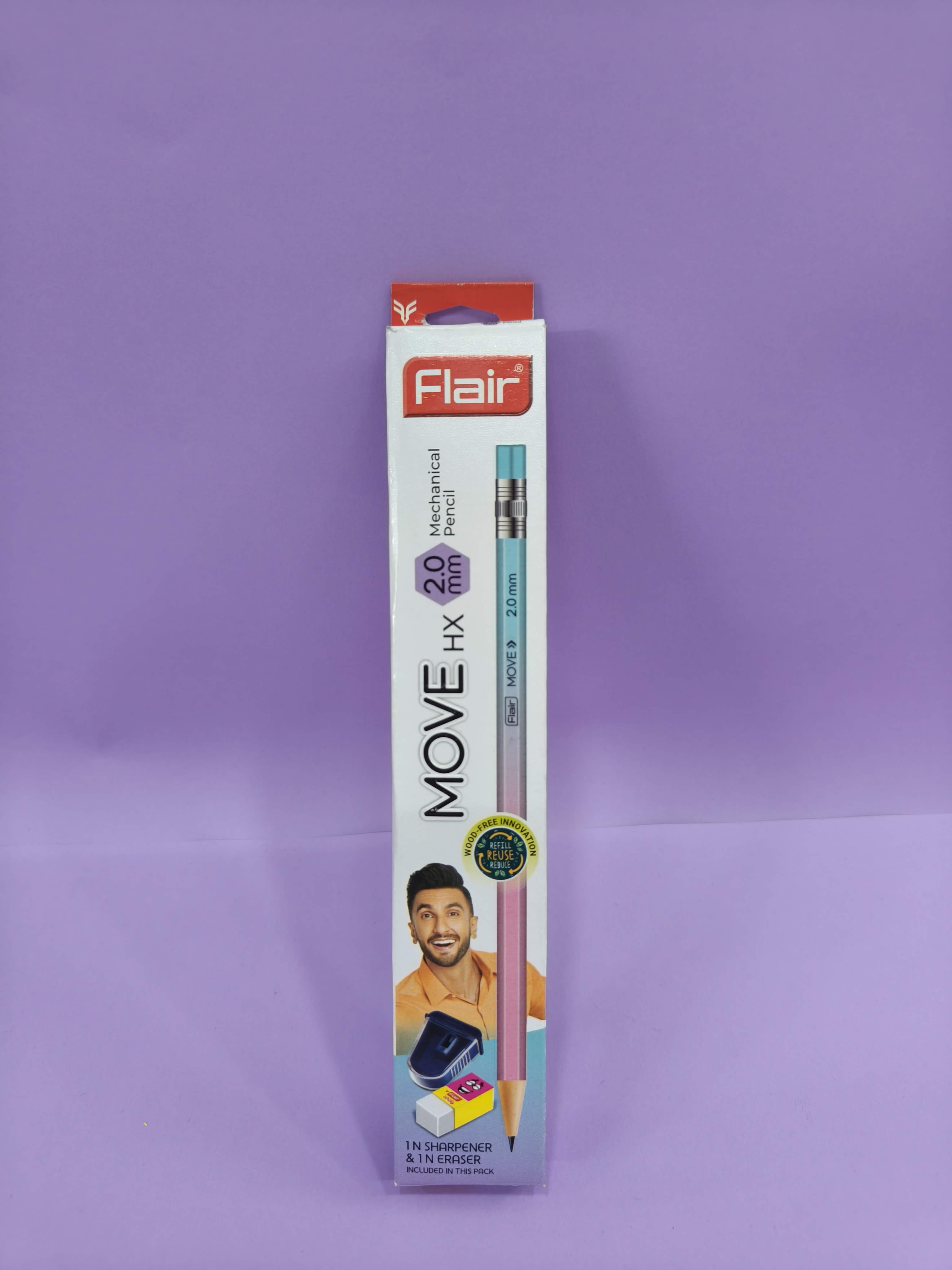 FLAIR MOVE HX 2.0mm Mechanical Pencil | Strong Extra Dark 2B Lead, Multicolor Body| Refillable, Easy To Sharpen, Wood Free| Includes 10 Pencils, Pro-Sharp Sharpener & Eraser