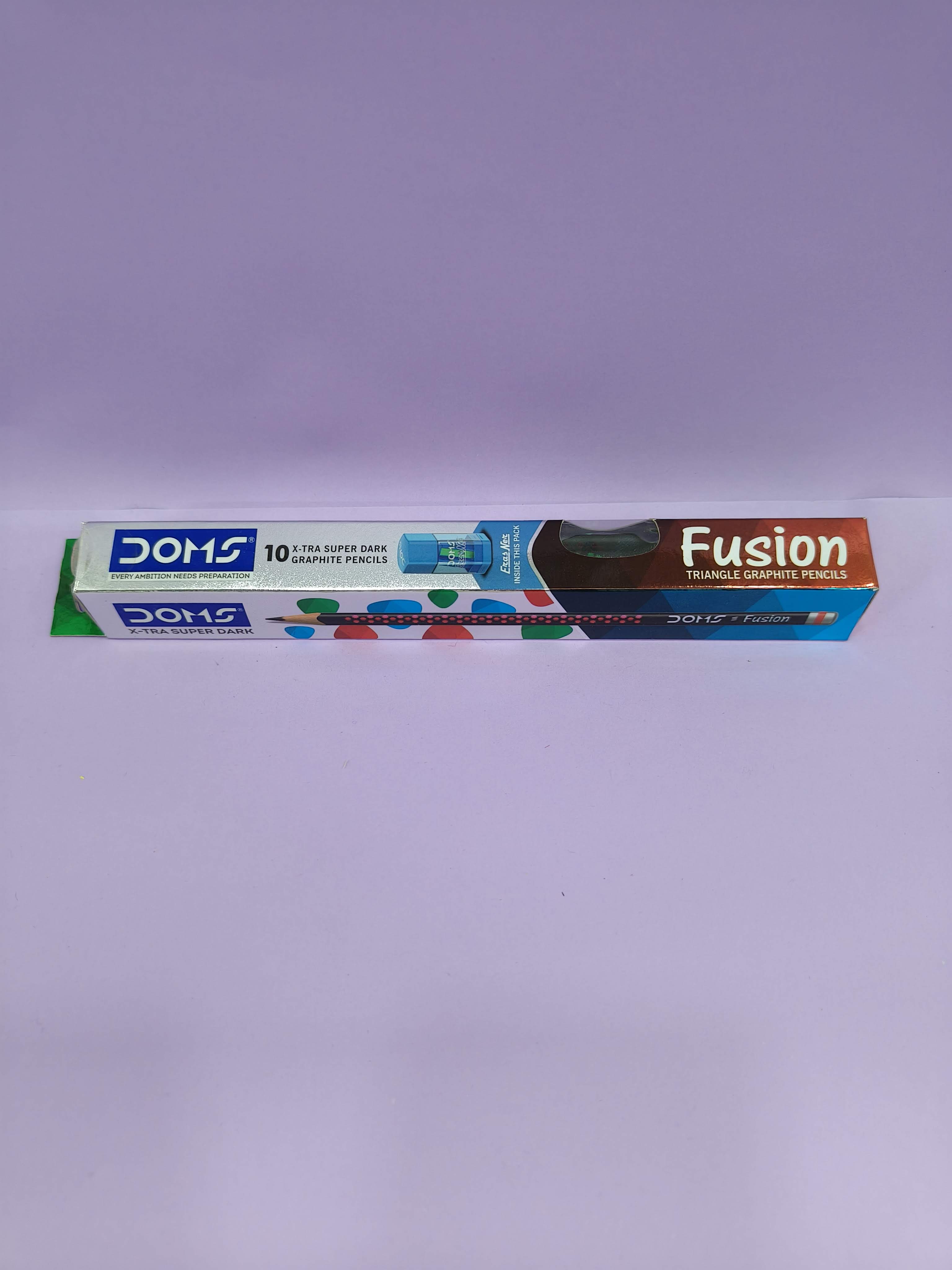 Doms Fusion Xtra Super Dark Pencil Box Pack | Dark & Neat Writing | Smooth Sharpning With Soft & Comfortable Grip | Free Sharpner & Eraser Inside (Pack of 3)