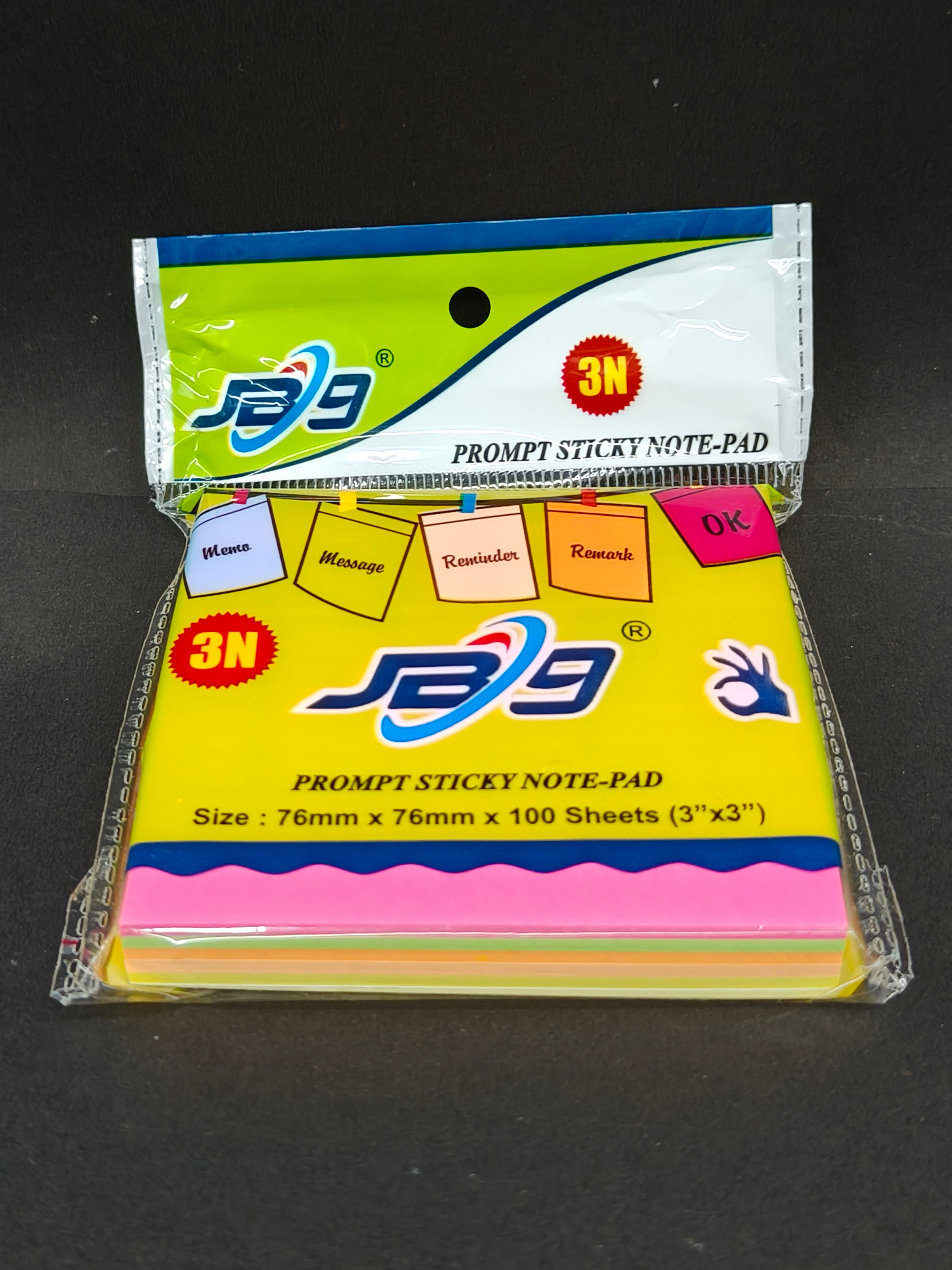 JB9 Sticky Notes | 7.6 x 7.6 cm | 100 Sheets | Neon Multicolour | 3" x 3" | (Pack of 2)
