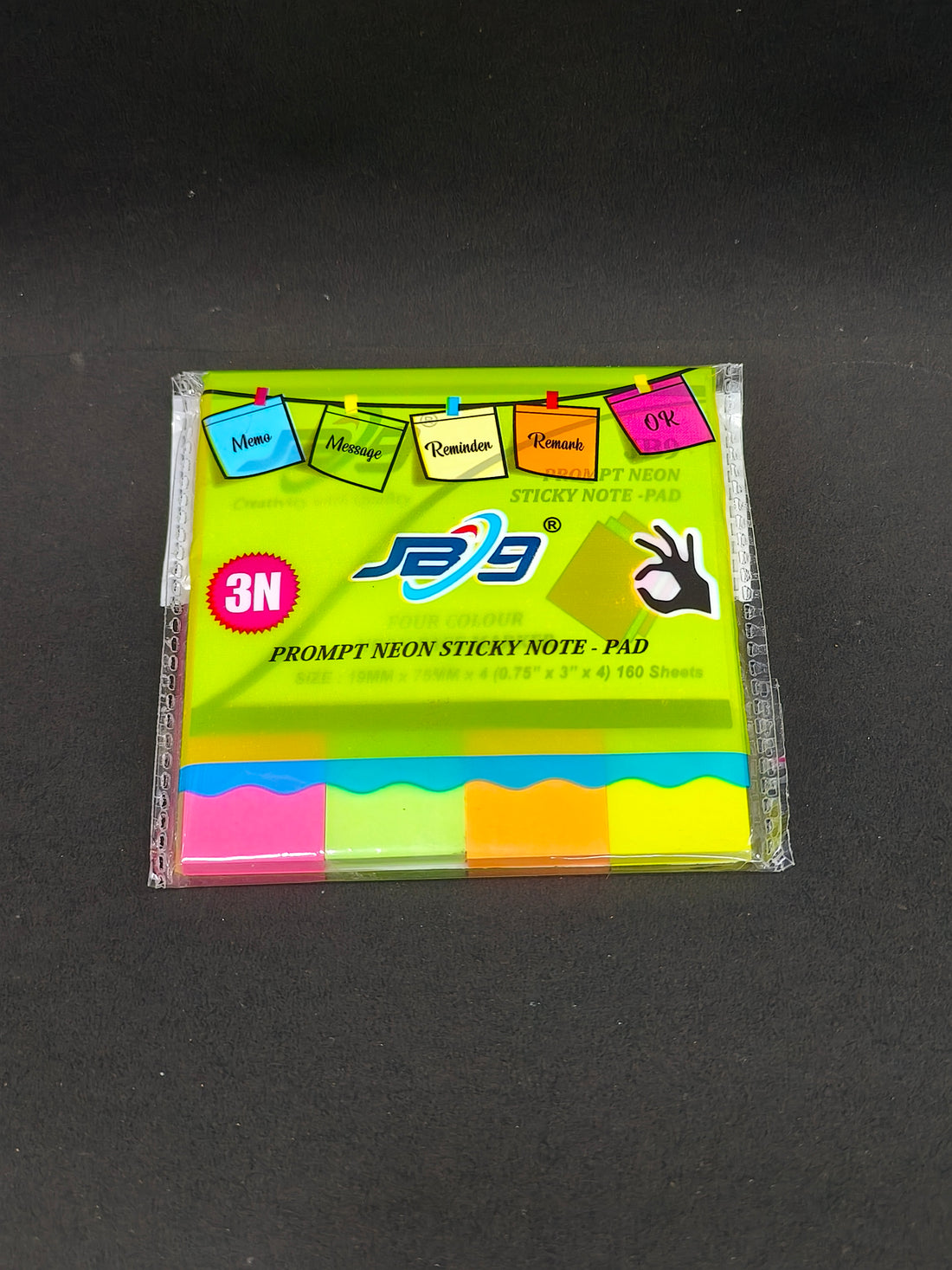 JB9 Sticky Notes | 1.9 x 2.5 cm | 160 Sheets | 0.75" x 3" x 4 Neon Colour Flags | (Pack of 3)