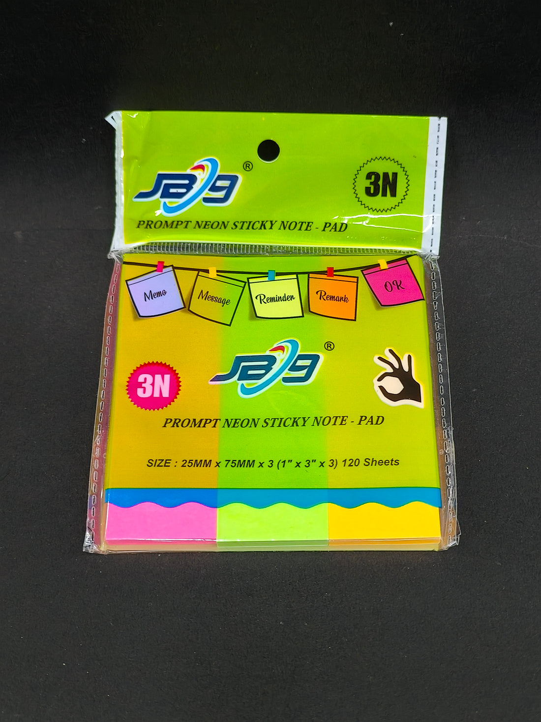 JB9 Sticky Notes | 2.5 x 7.5 cm | 120 Sheets | 1" x 3" x 3 Neon Colour Flags | (Pack of 3)