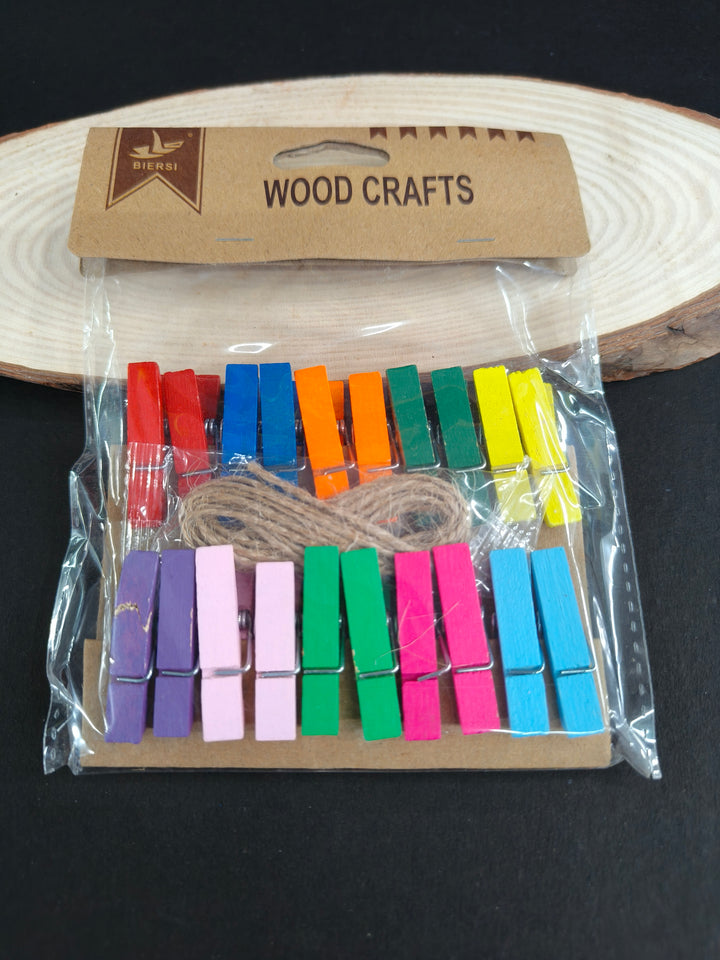 20 Wooden Clips with 1 Rope for Photo Hanging & Home Decoration