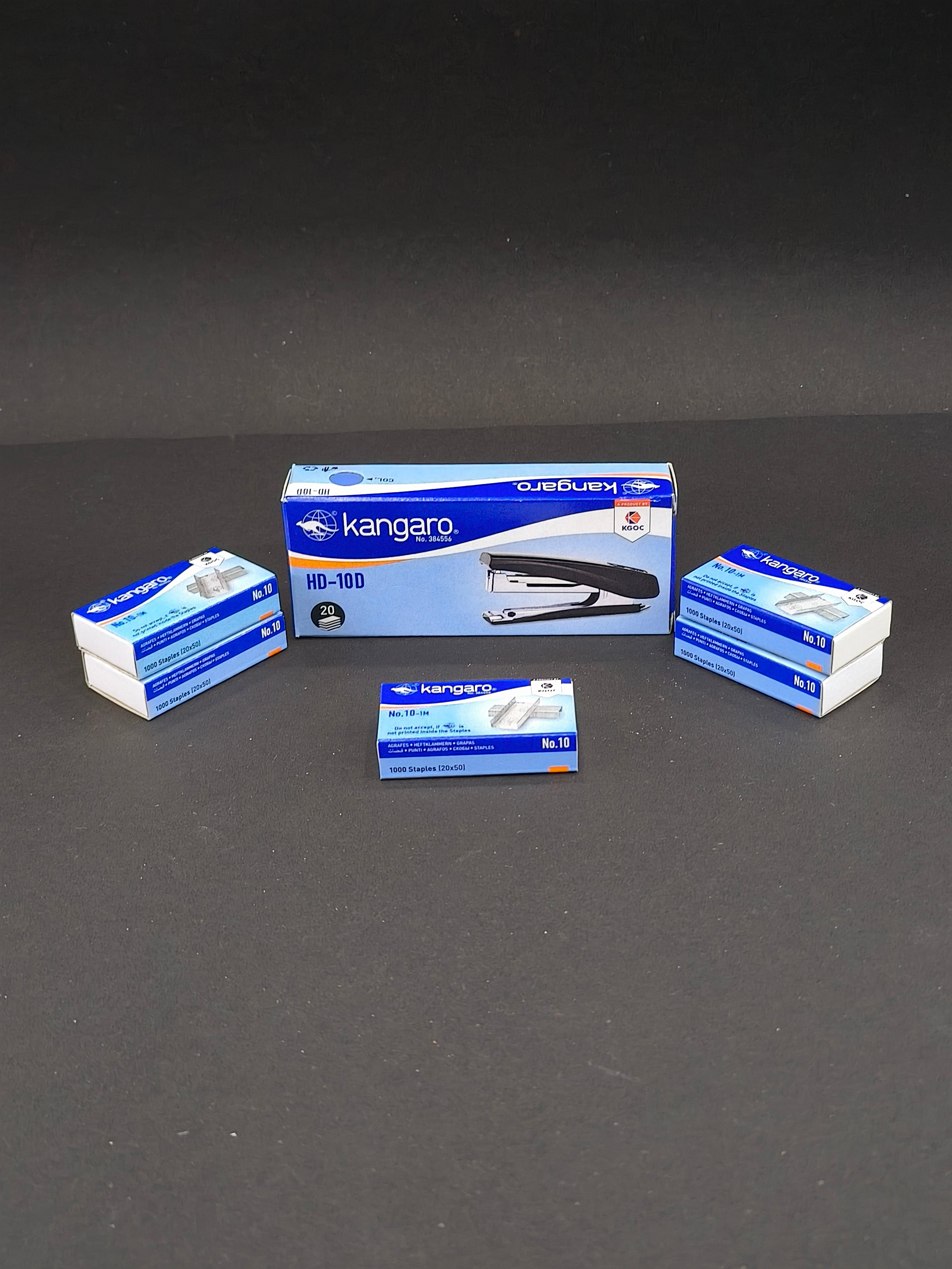 Kangaro Desk Essentials HD-10D & 10/1M Staples Combo | Standard Stapler with Quick Loading Mechanism | Sturdy & Durable for Long Time Use | Pack of 1 HD-10D Stapler with 5 Boxes of Kangaro No. 10 Pins