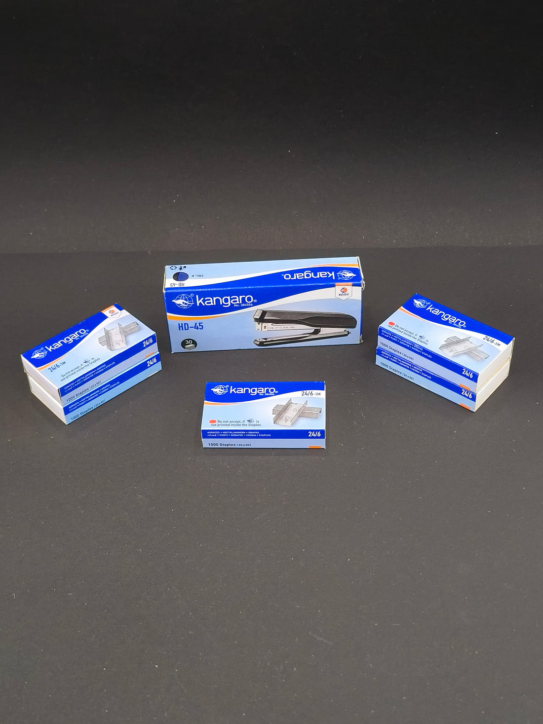 Kangaro HD-45 Stapler | Standard Stapler with Quick Loading Mechanism | Sturdy & Durable for Long Time Use | Pack of 1 HD-45 Stapler with 5 Boxes of Kangaro 24/6 Pins