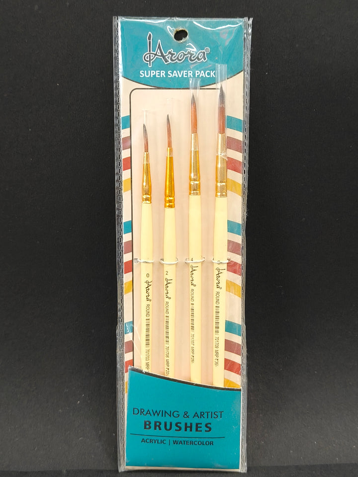 Arora Round Synthetic Hair Brush Set of 4 Piece for Watercolor and Acrylic Painting (Wood)