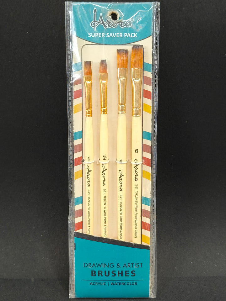 Arora Wood Synthetic Flat Tip Paintbrushes of 4pc for Watercolor and Acrylic Painting