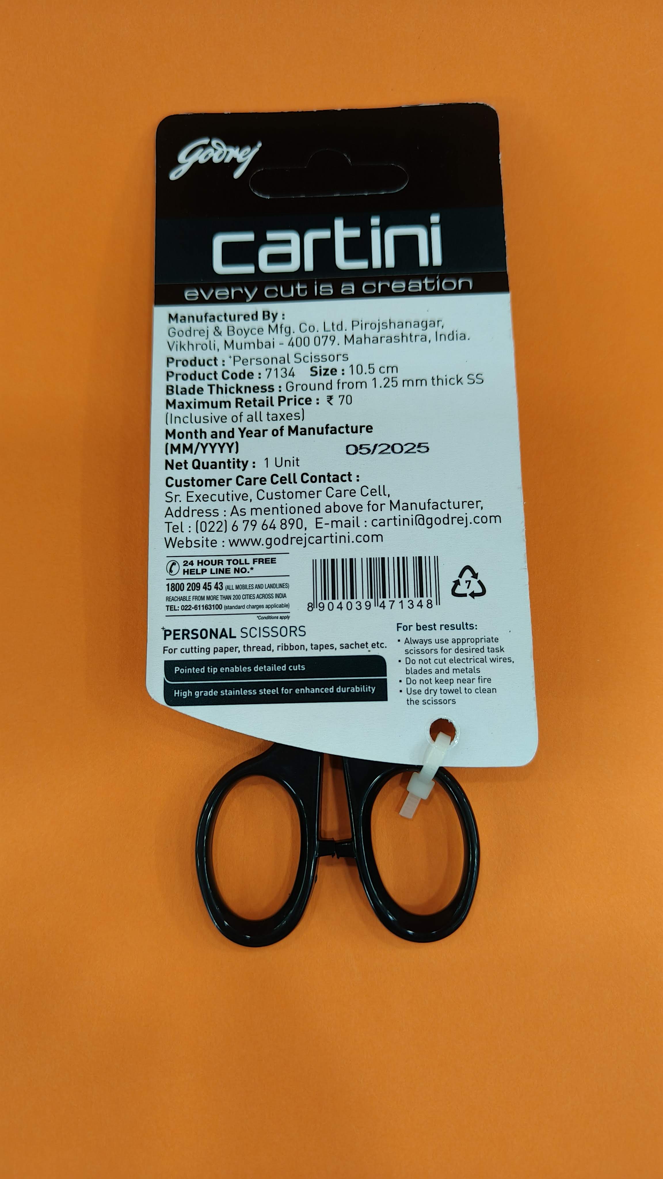 Godrej Cartini Personal Scissors | Silver | Black | 10.5 x 5.3 Centimeters
