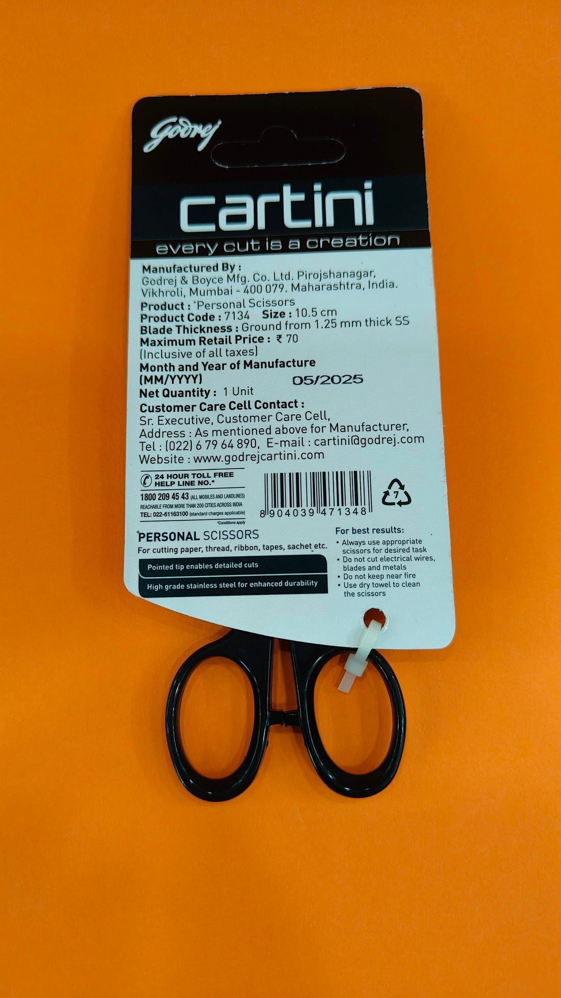 Godrej Cartini Personal Scissors | Silver | Black | 10.5 x 5.3 Centimeters
