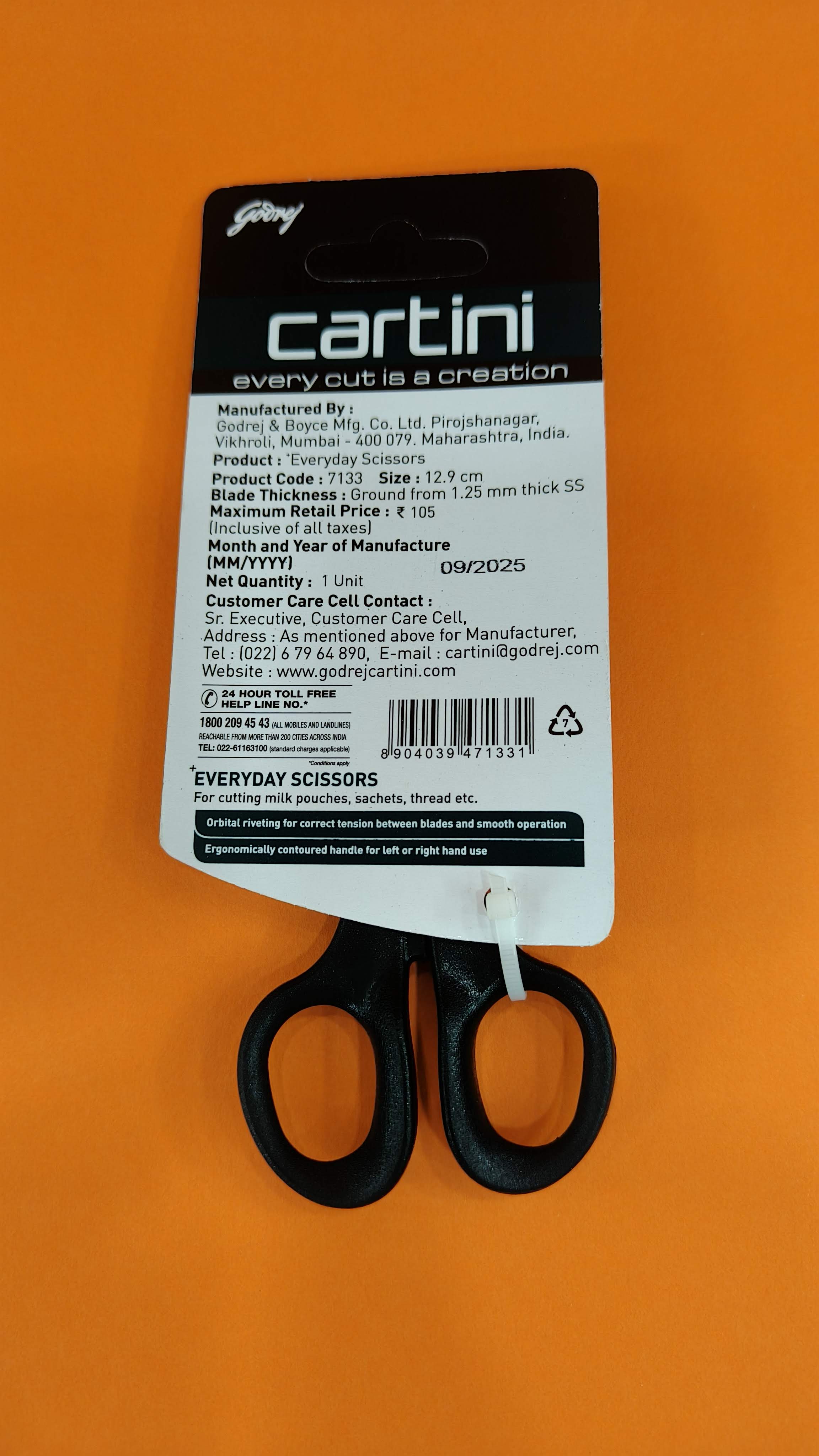 Cartini Scissors | For Everyday Home & Office Use With Comfortable Grip | Various Kitchen Application | 5" High Grade Stainless Steel, Long Lasting Life