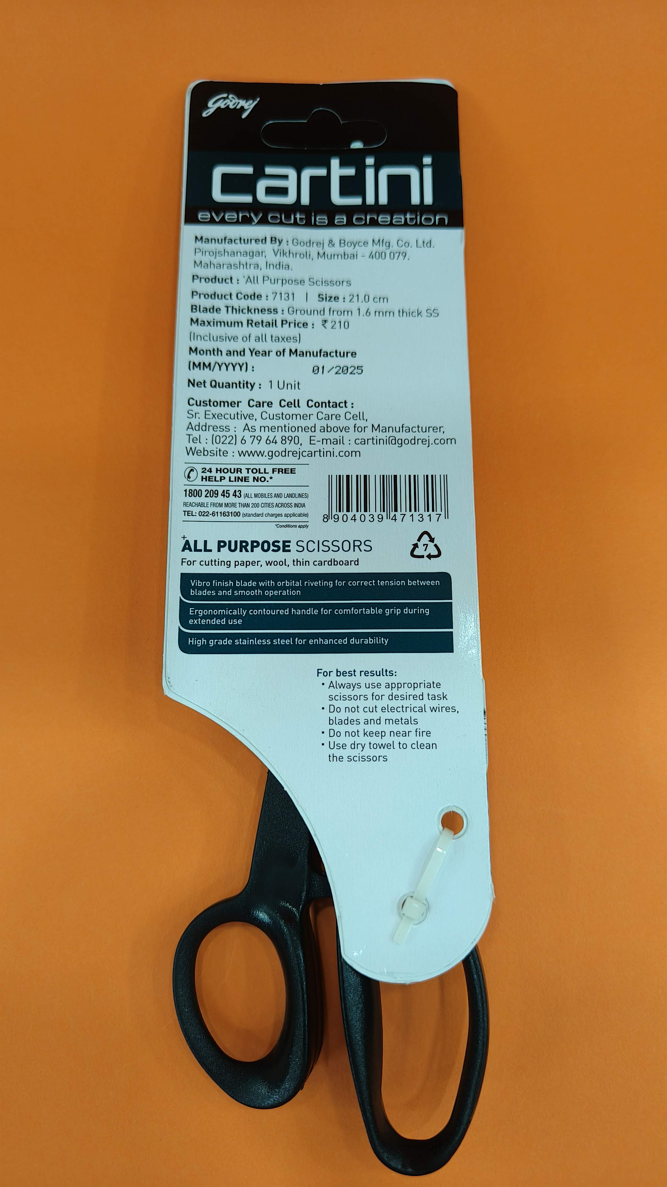 Godrej Cartini All Purpose Scissors | Black | 21 x 7.2 Centimeters