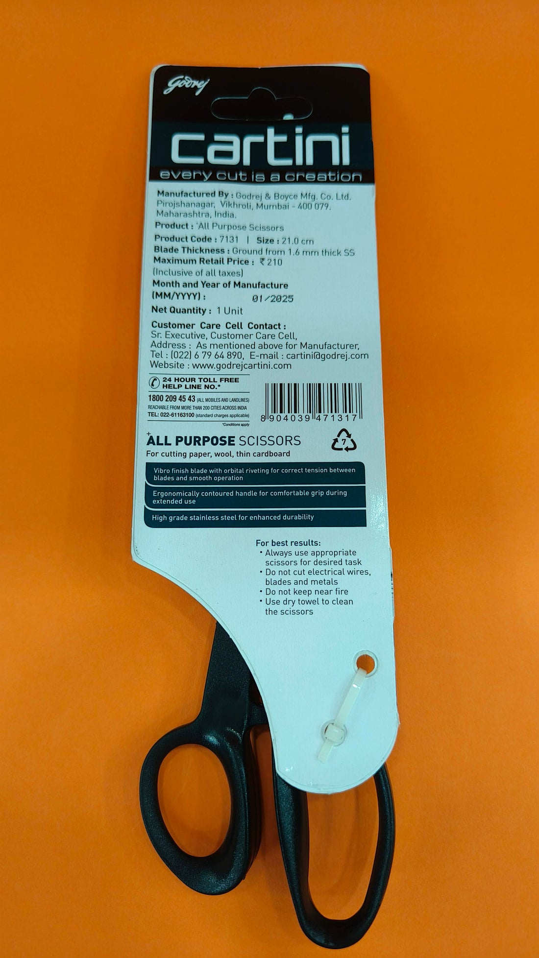 Godrej Cartini All Purpose Scissors | Black | 21 x 7.2 Centimeters