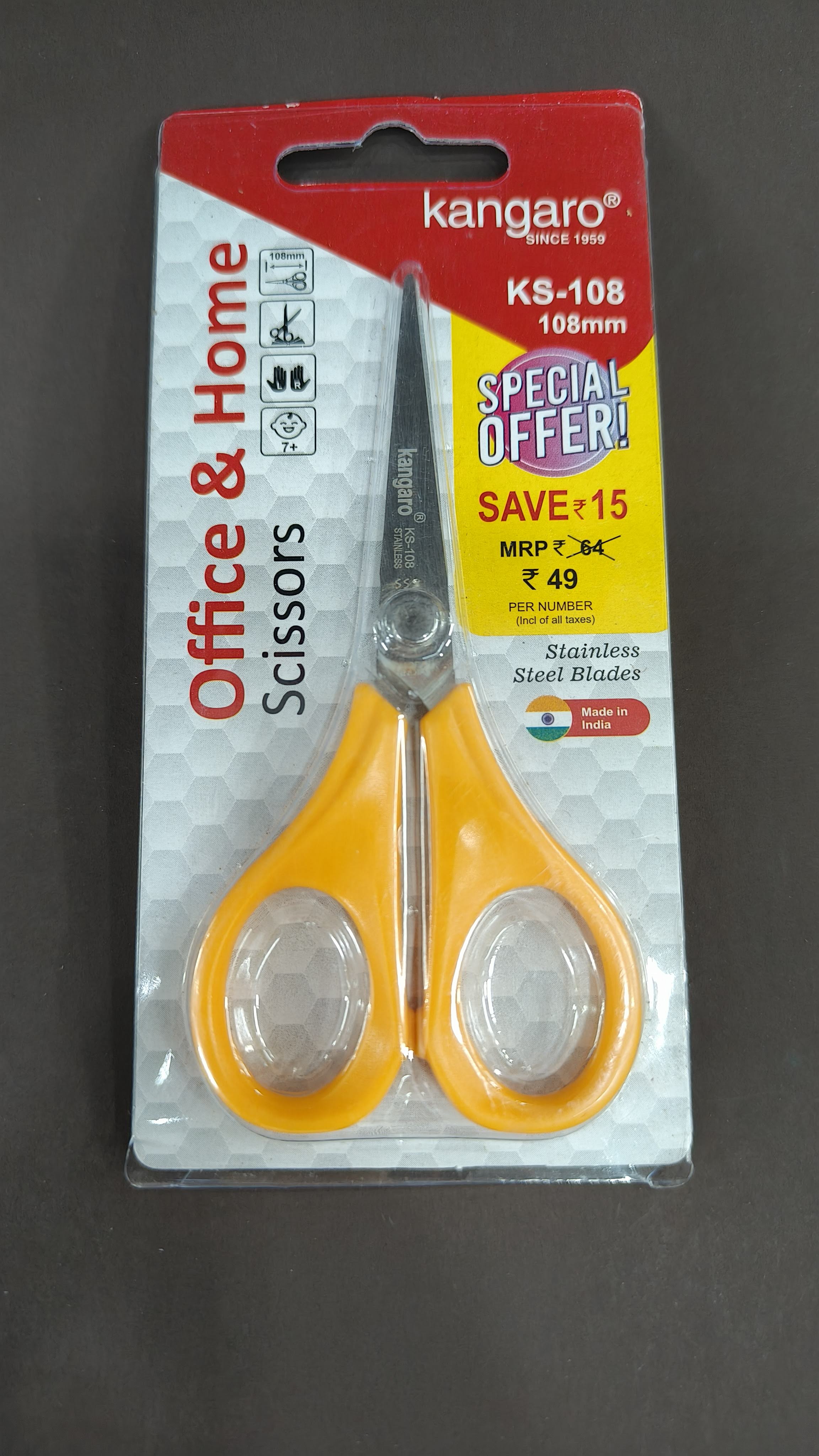Kangaro KS-108 Scissors | Stainless Steel Blade | Multi Purpose Scissor | Ergonomic Handle | Comfortable Grip | Durable & Long Life | Smooth Cutting Performance | Ideal for Daily, Office, Household and School use