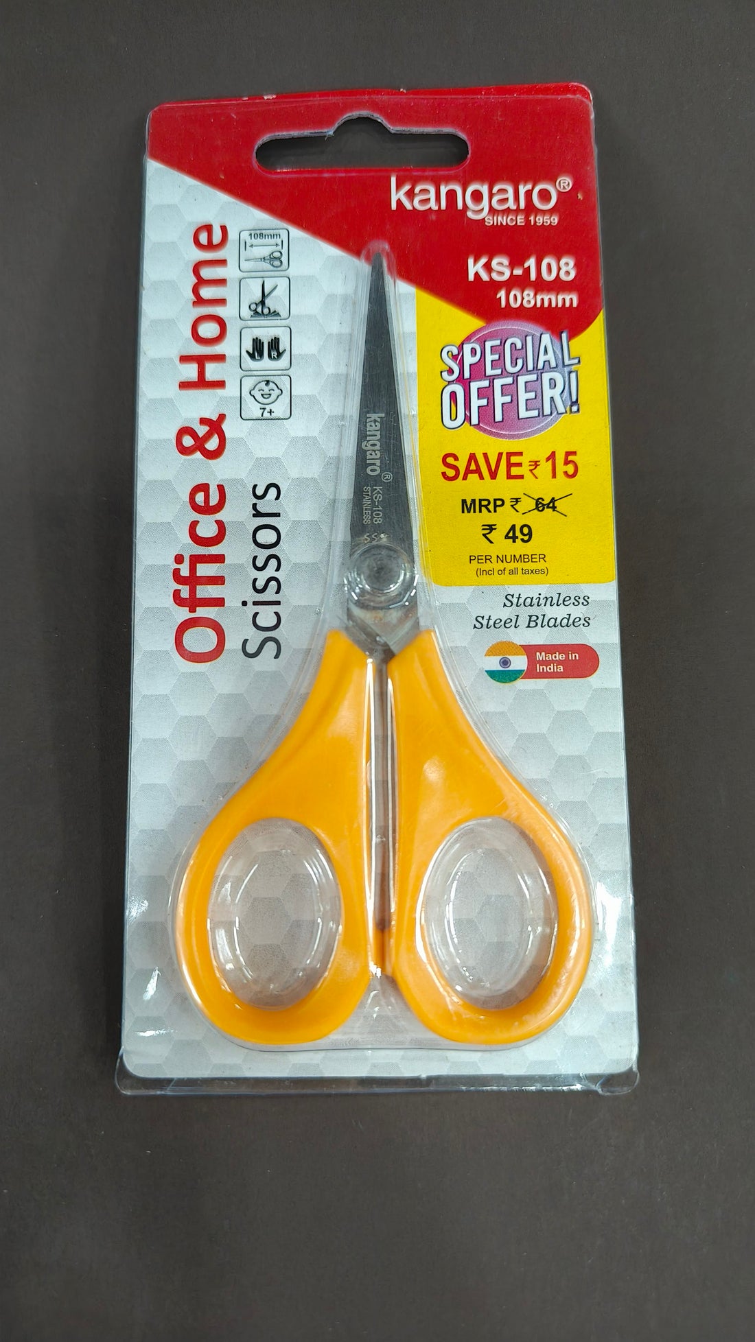 Kangaro KS-108 Scissors | Stainless Steel Blade | Multi Purpose Scissor | Ergonomic Handle | Comfortable Grip | Durable & Long Life | Smooth Cutting Performance | Ideal for Daily, Office, Household and School use