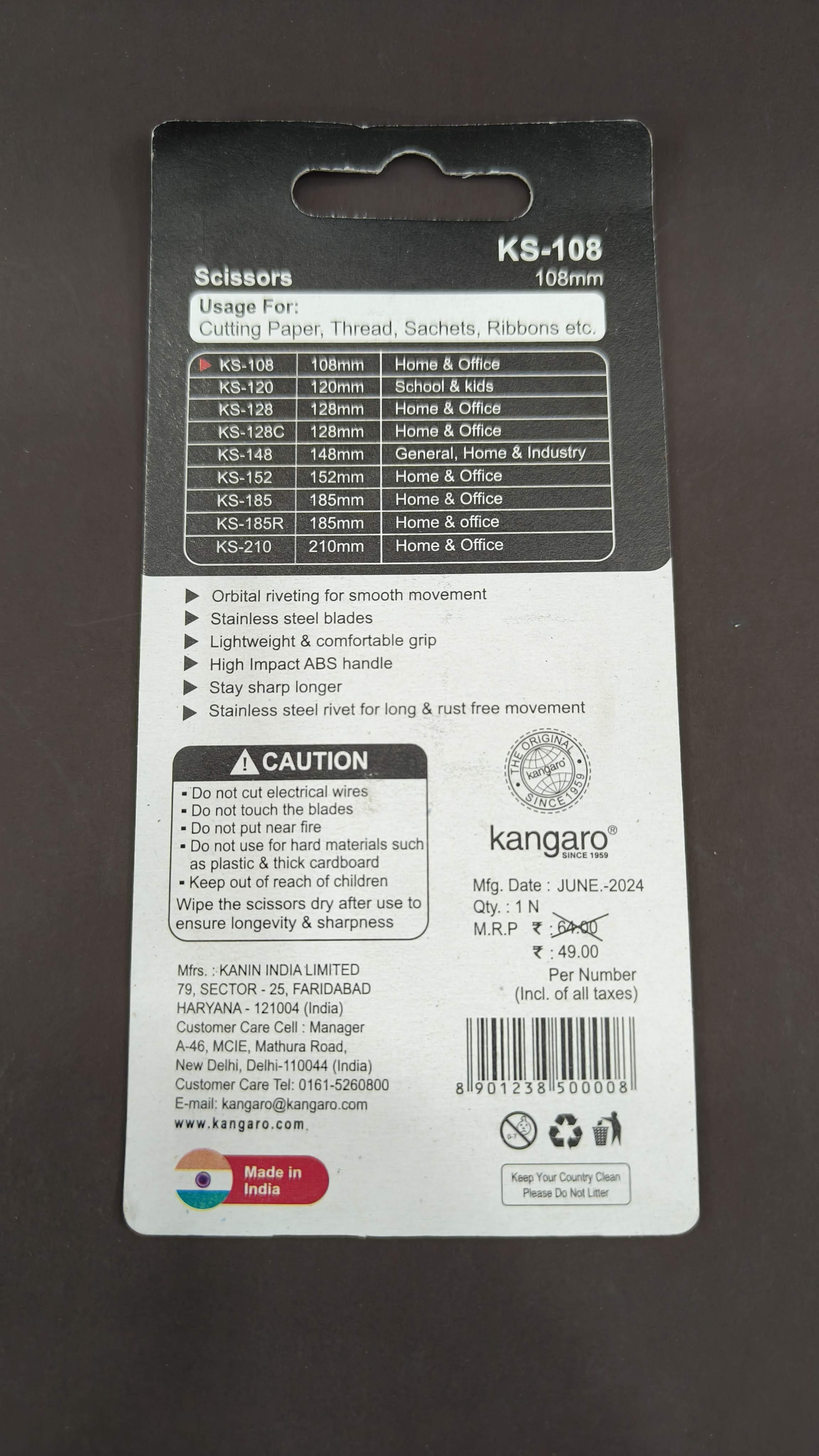 Kangaro KS-108 Scissors | Stainless Steel Blade | Multi Purpose Scissor | Ergonomic Handle | Comfortable Grip | Durable & Long Life | Smooth Cutting Performance | Ideal for Daily, Office, Household and School use