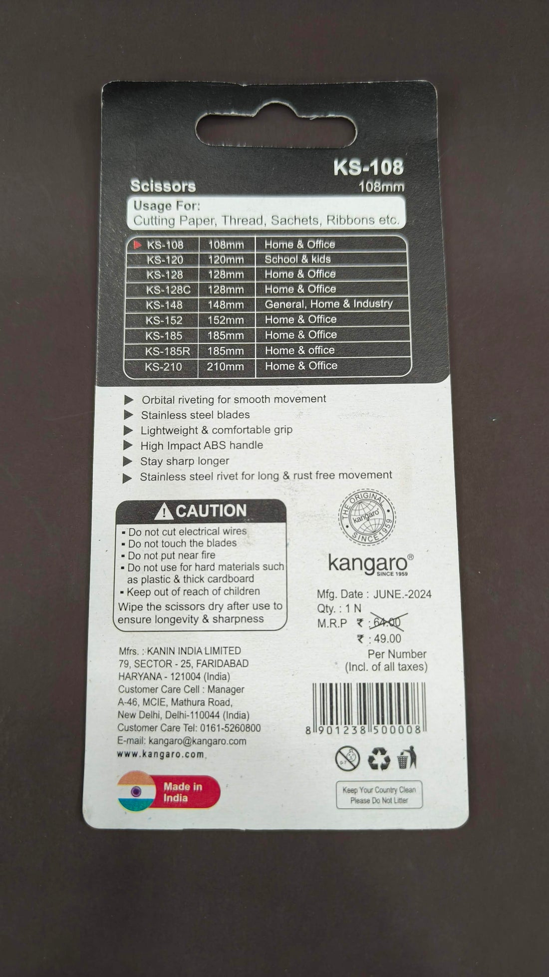 Kangaro KS-108 Scissors | Stainless Steel Blade | Multi Purpose Scissor | Ergonomic Handle | Comfortable Grip | Durable & Long Life | Smooth Cutting Performance | Ideal for Daily, Office, Household and School use