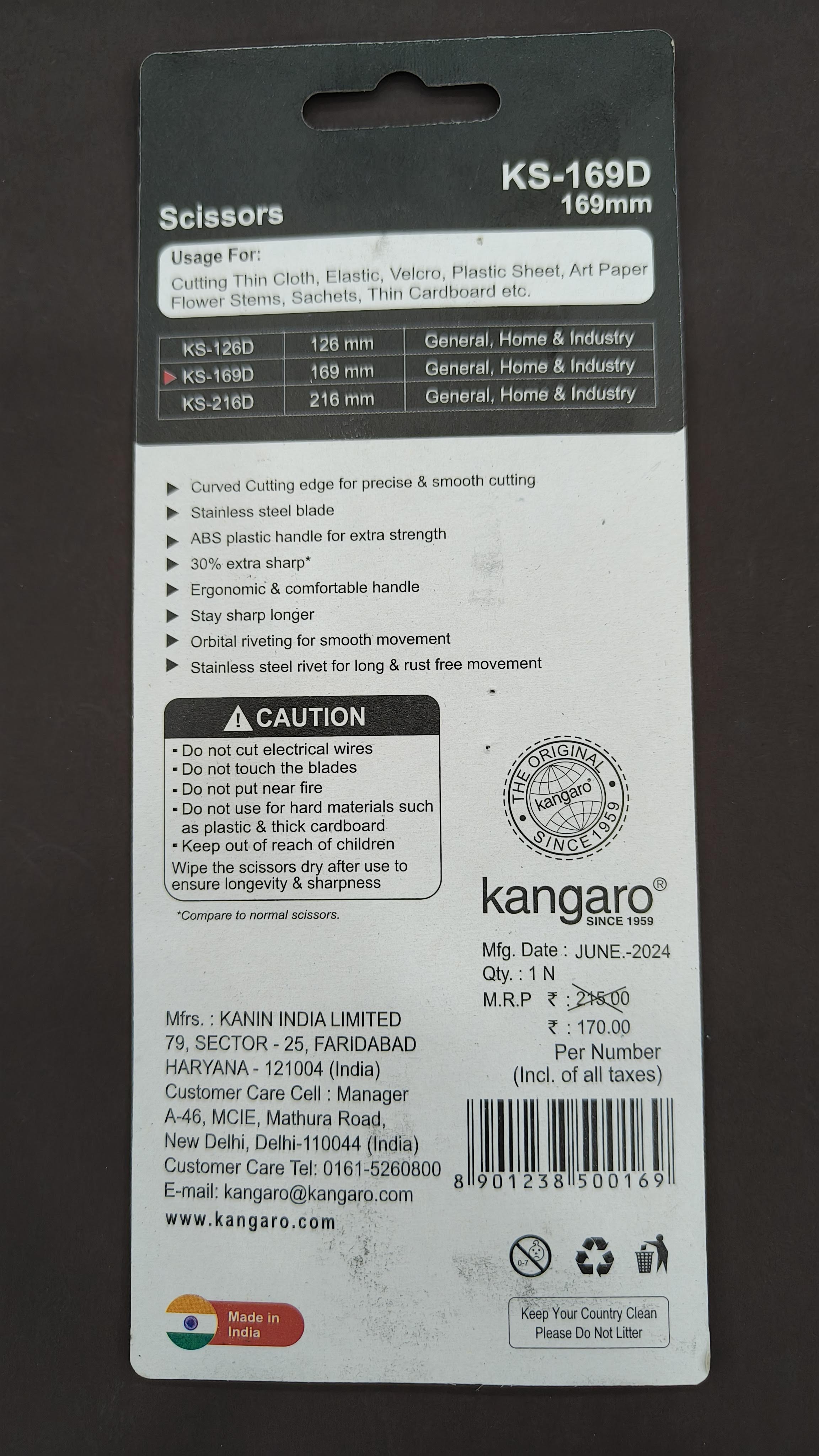 Kangaro KS-169D | 169 mm | Stainless Steel Scissors | Ergonomic and Comfortable Handle