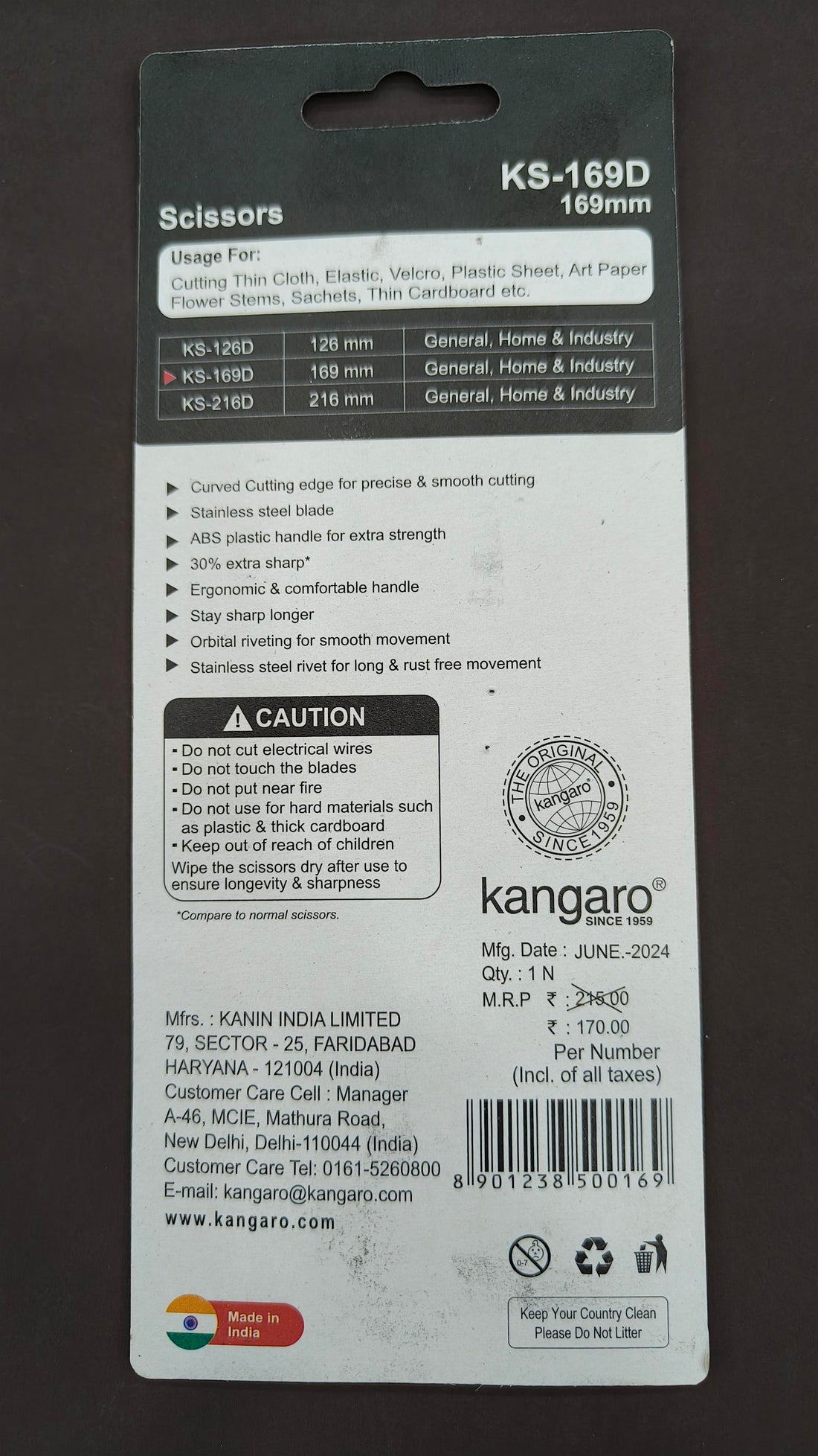 Kangaro KS-169D | 169 mm | Stainless Steel Scissors | Ergonomic and Comfortable Handle