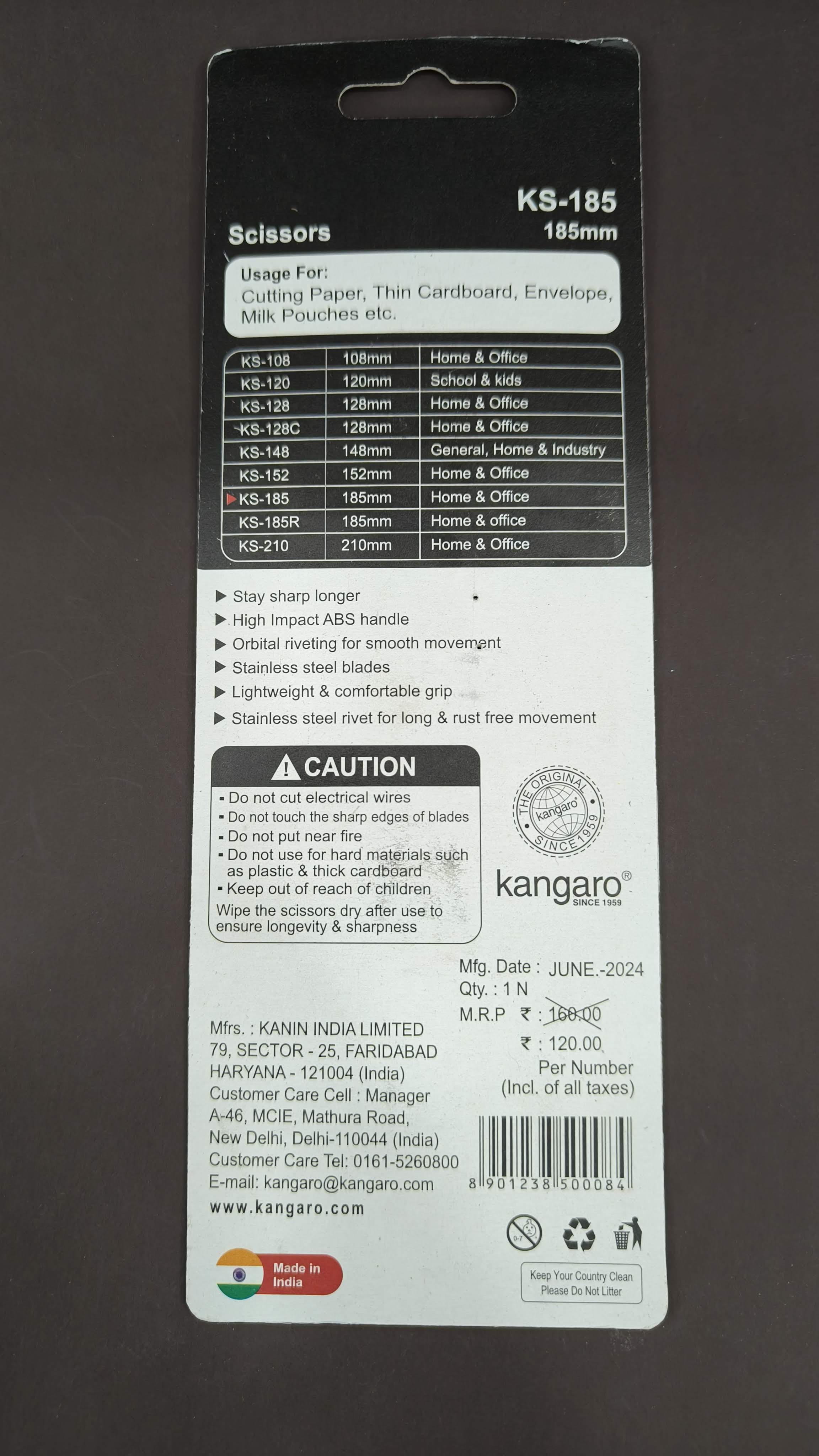 Kangaro KS-185 | 185 mm | Stainless Steel Scissors | Ergonomic and Comfortable Handle