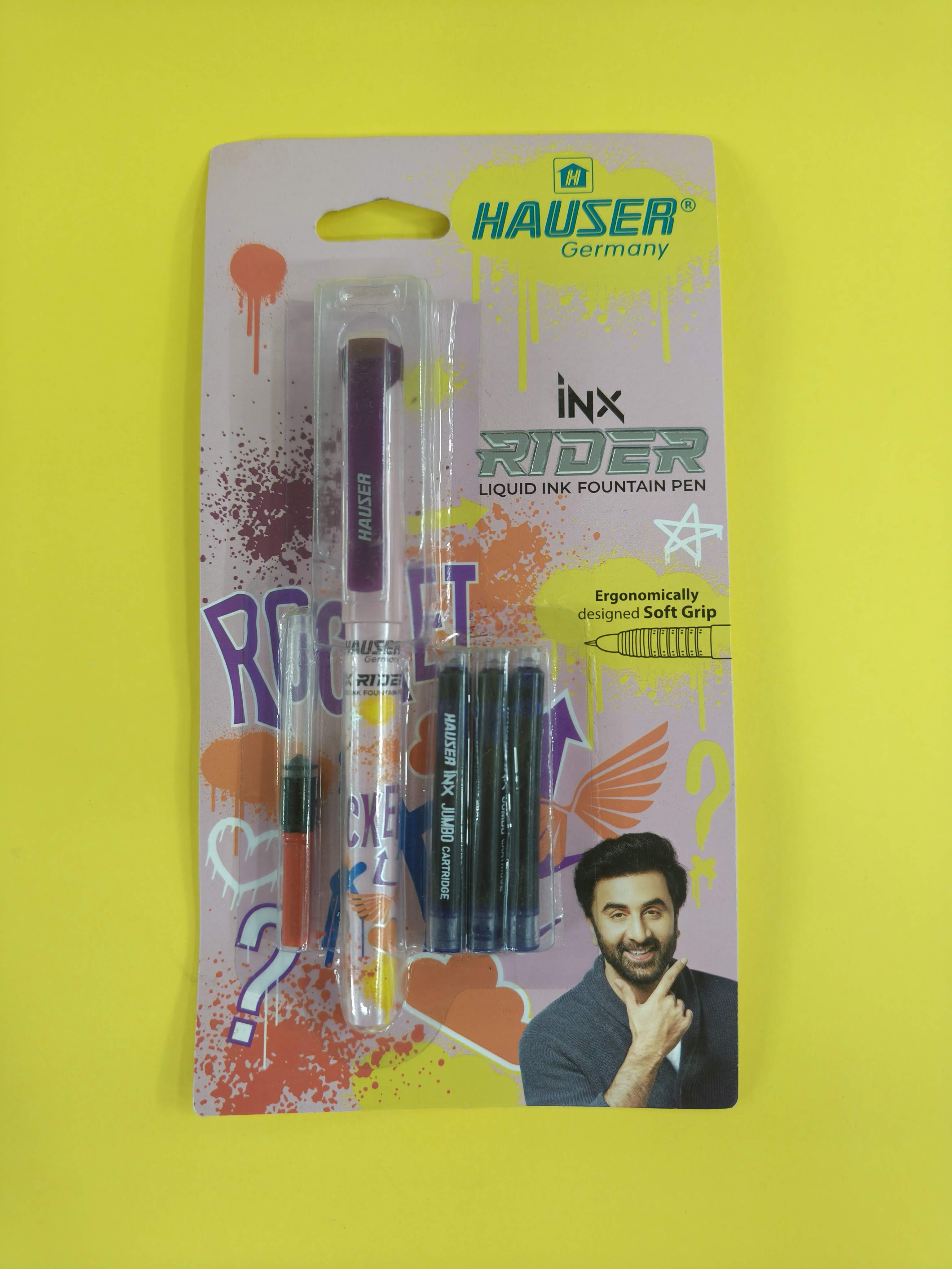 Hauser Inx Rider Liquid Ink Fountain Pen with 3 Jumbo Ink Cartridge and 1 Ink Converter | Smooth Cushioned Nib With Iridium Tip | Comfortable Rubber Grip