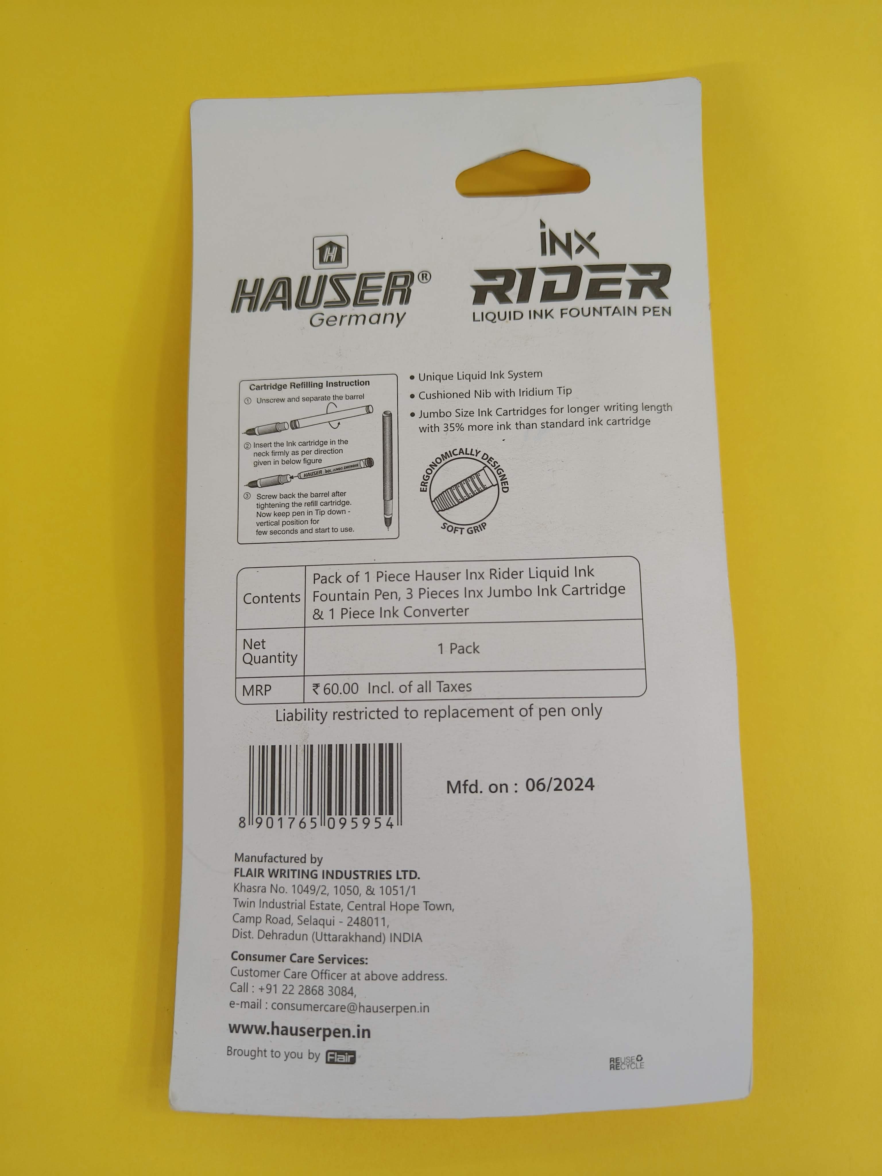 Hauser Inx Rider Liquid Ink Fountain Pen with 3 Jumbo Ink Cartridge and 1 Ink Converter | Smooth Cushioned Nib With Iridium Tip | Comfortable Rubber Grip