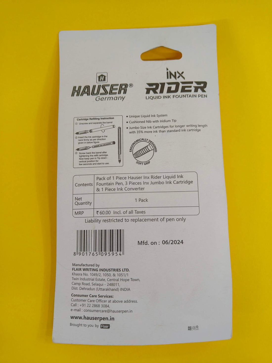 Hauser Inx Rider Liquid Ink Fountain Pen with 3 Jumbo Ink Cartridge and 1 Ink Converter | Smooth Cushioned Nib With Iridium Tip | Comfortable Rubber Grip